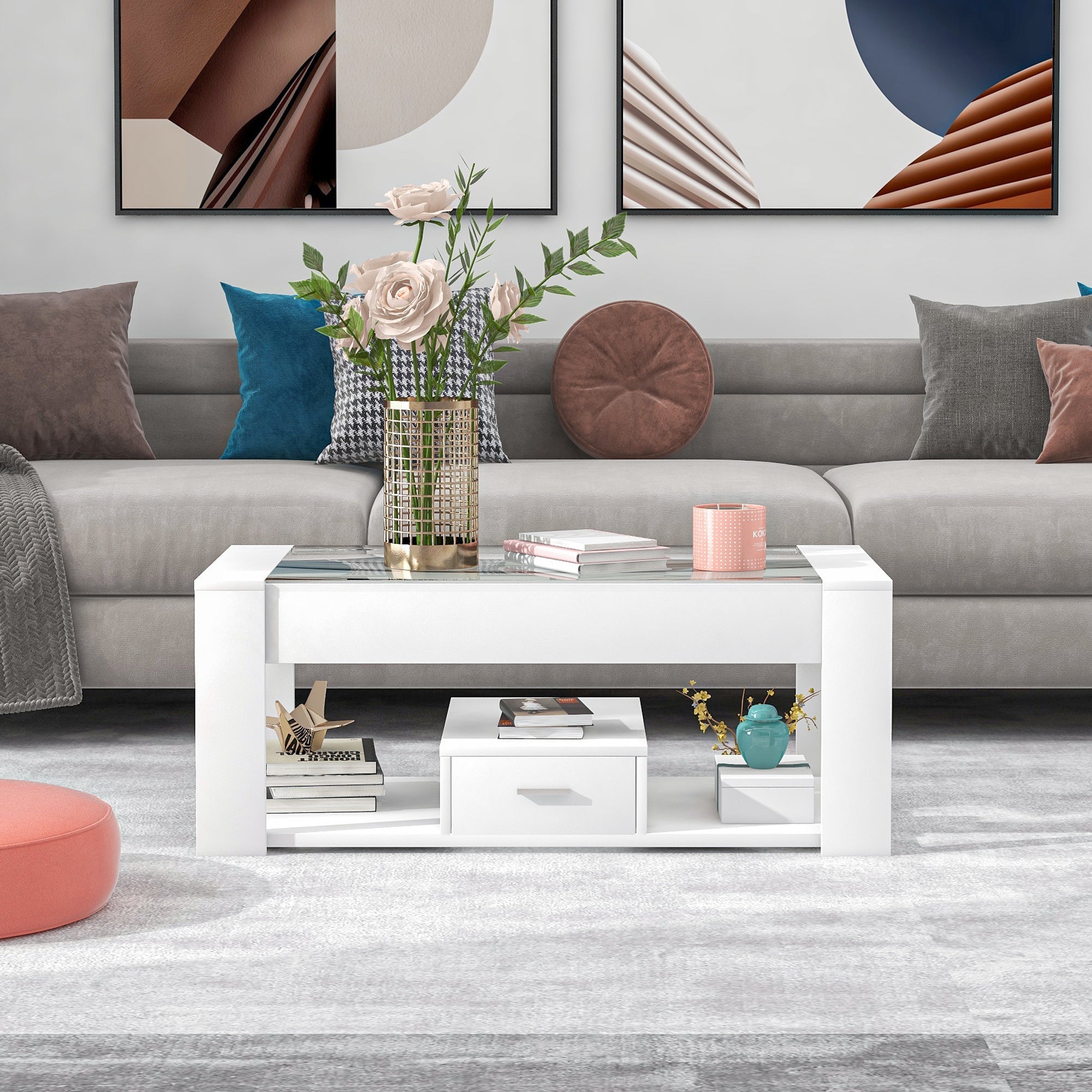 Living Room Coffee Table with Glass Top, Lockers, and Storage, White