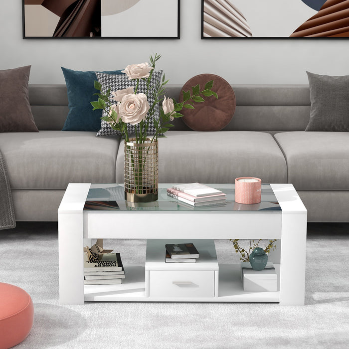 Living Room Coffee Table with Glass Top, Lockers, and Storage, White