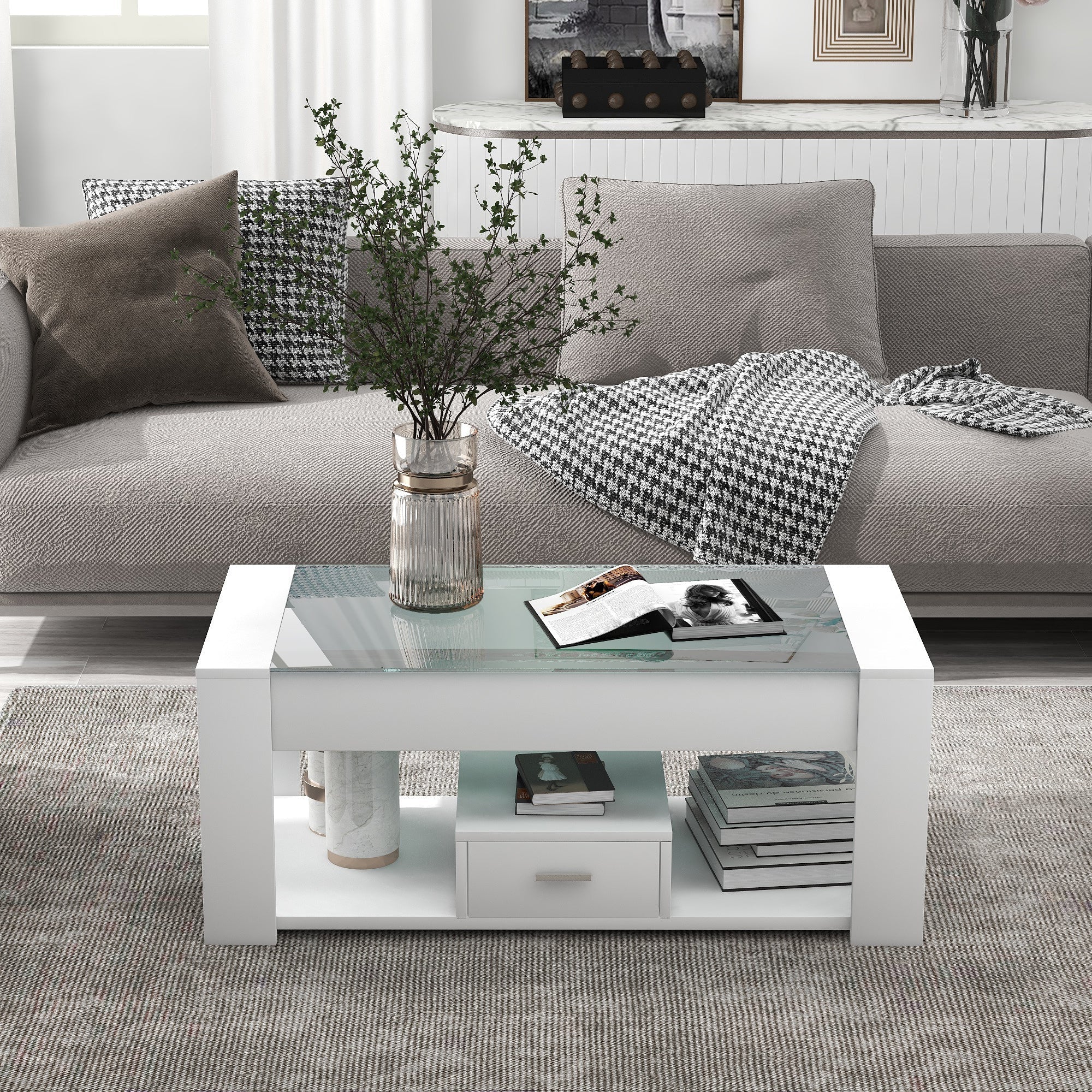 Living Room Coffee Table with Glass Top, Lockers, and Storage, White