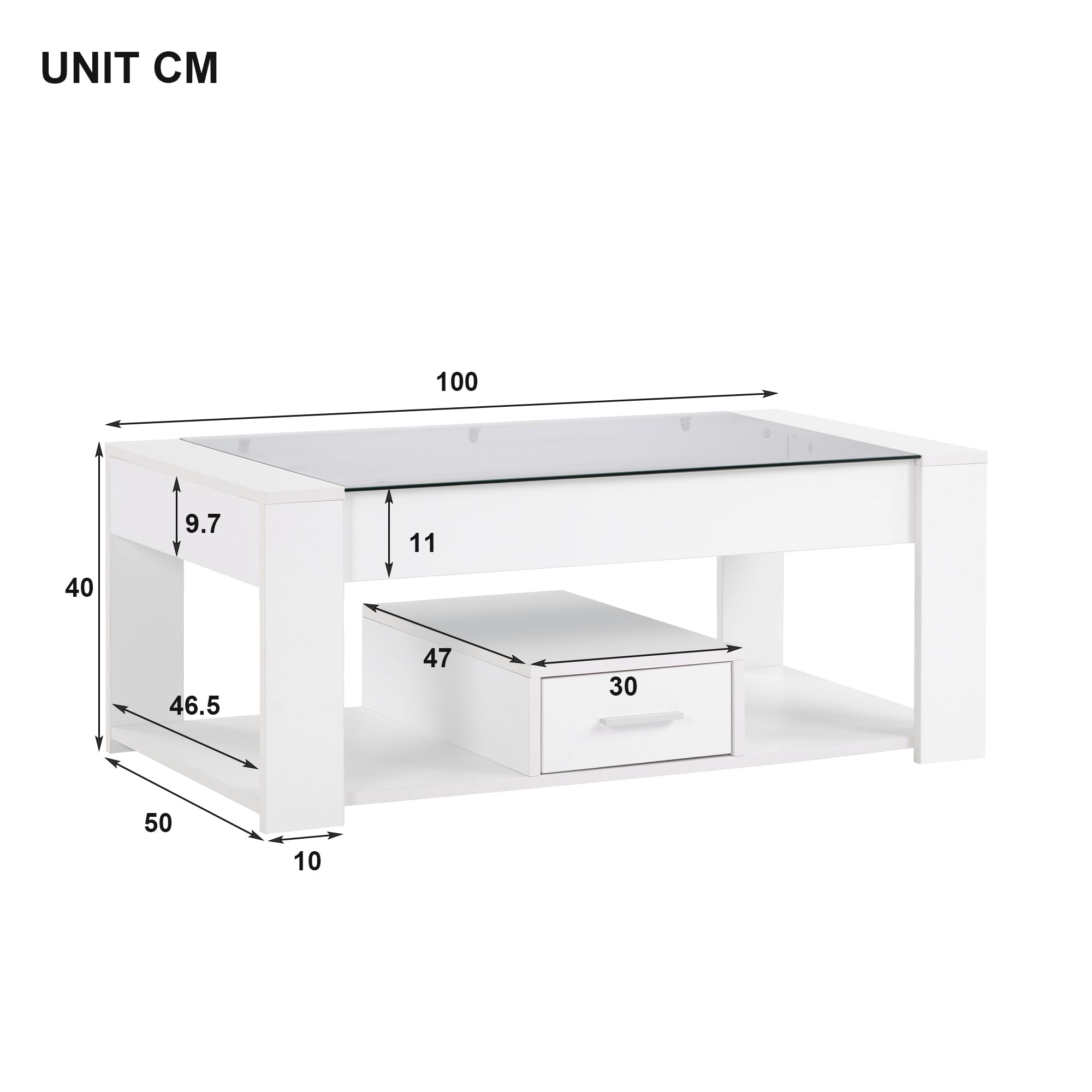 Living Room Coffee Table with Glass Top, Lockers, and Storage, White