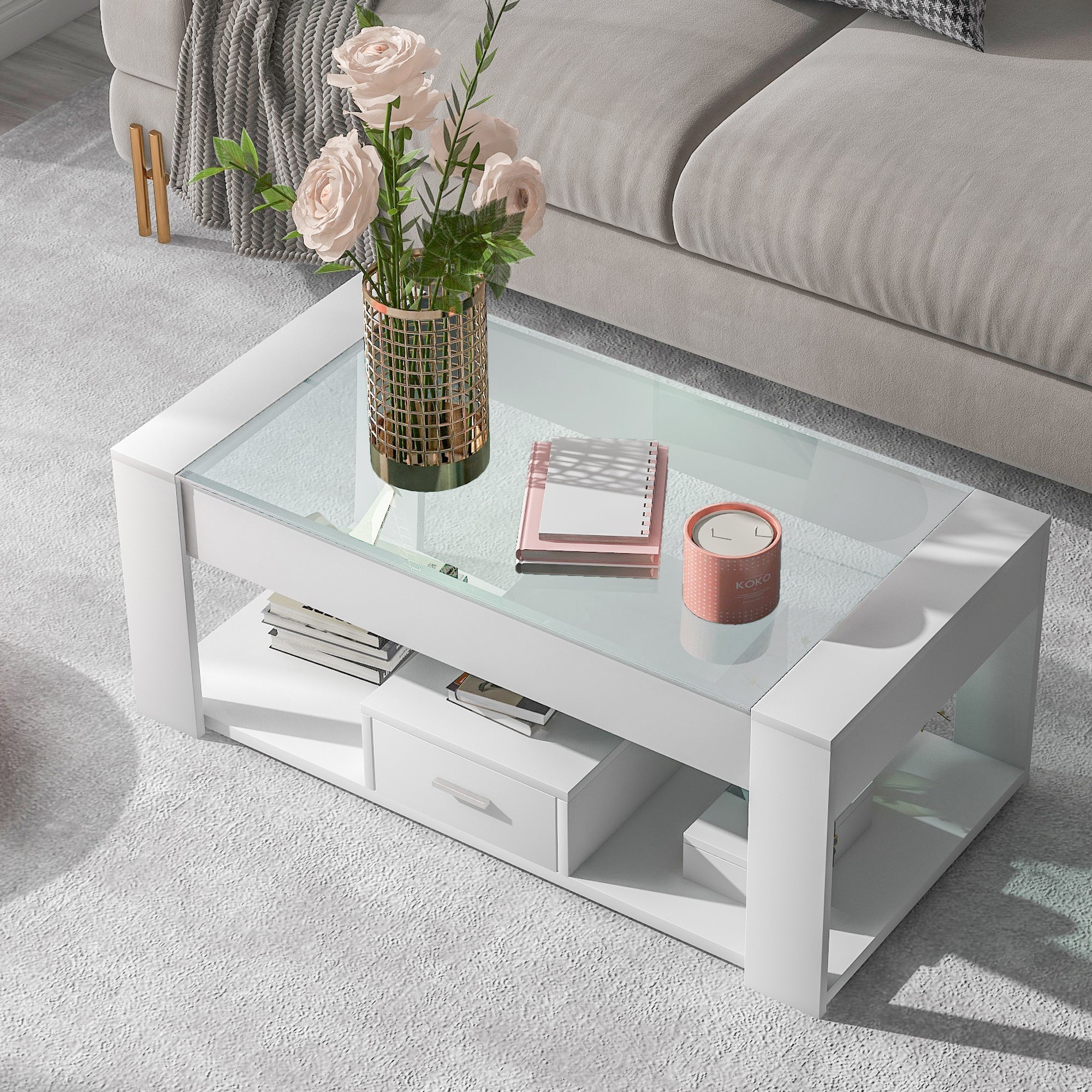 Living Room Coffee Table with Glass Top, Lockers, and Storage, White