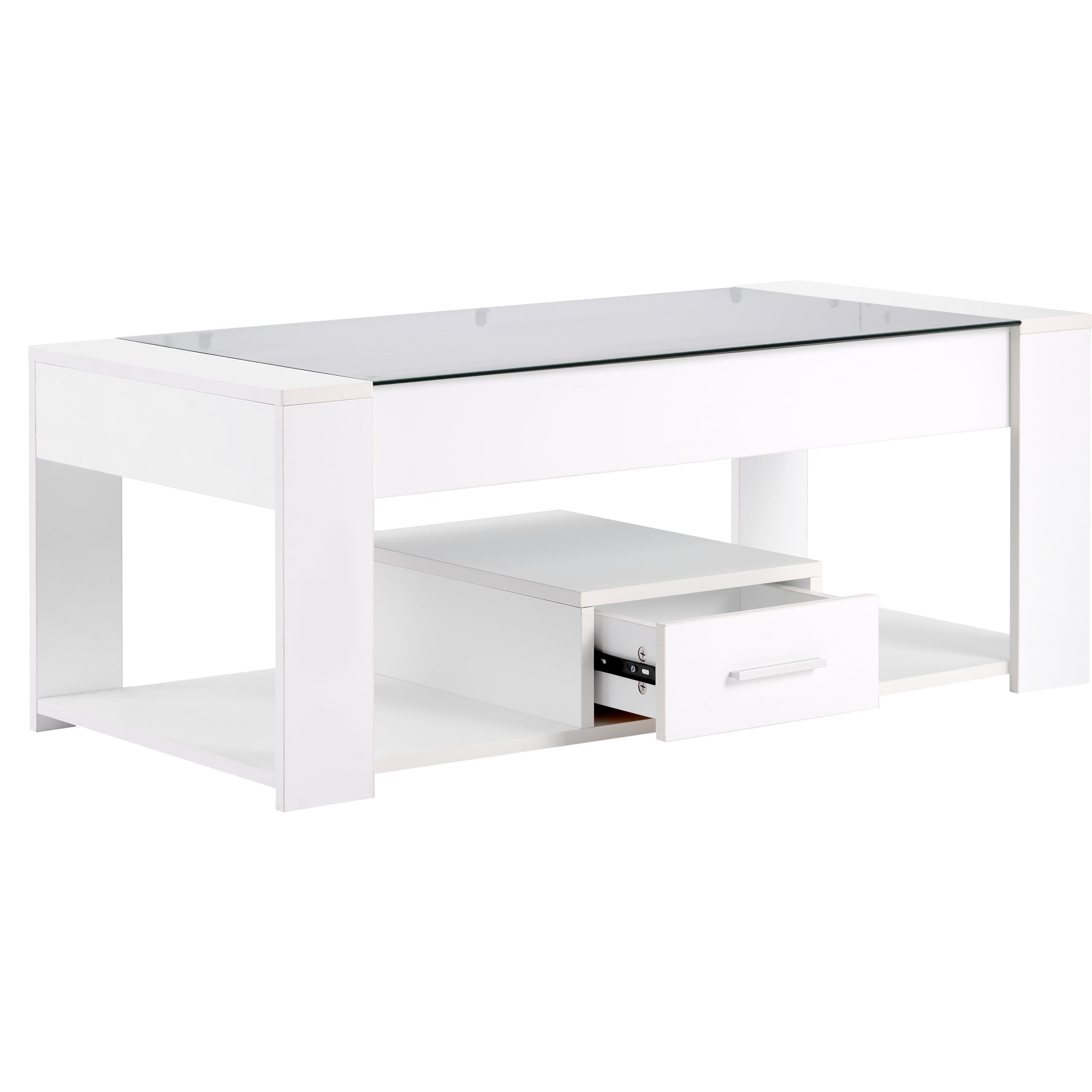 Living Room Coffee Table with Glass Top, Lockers, and Storage, White