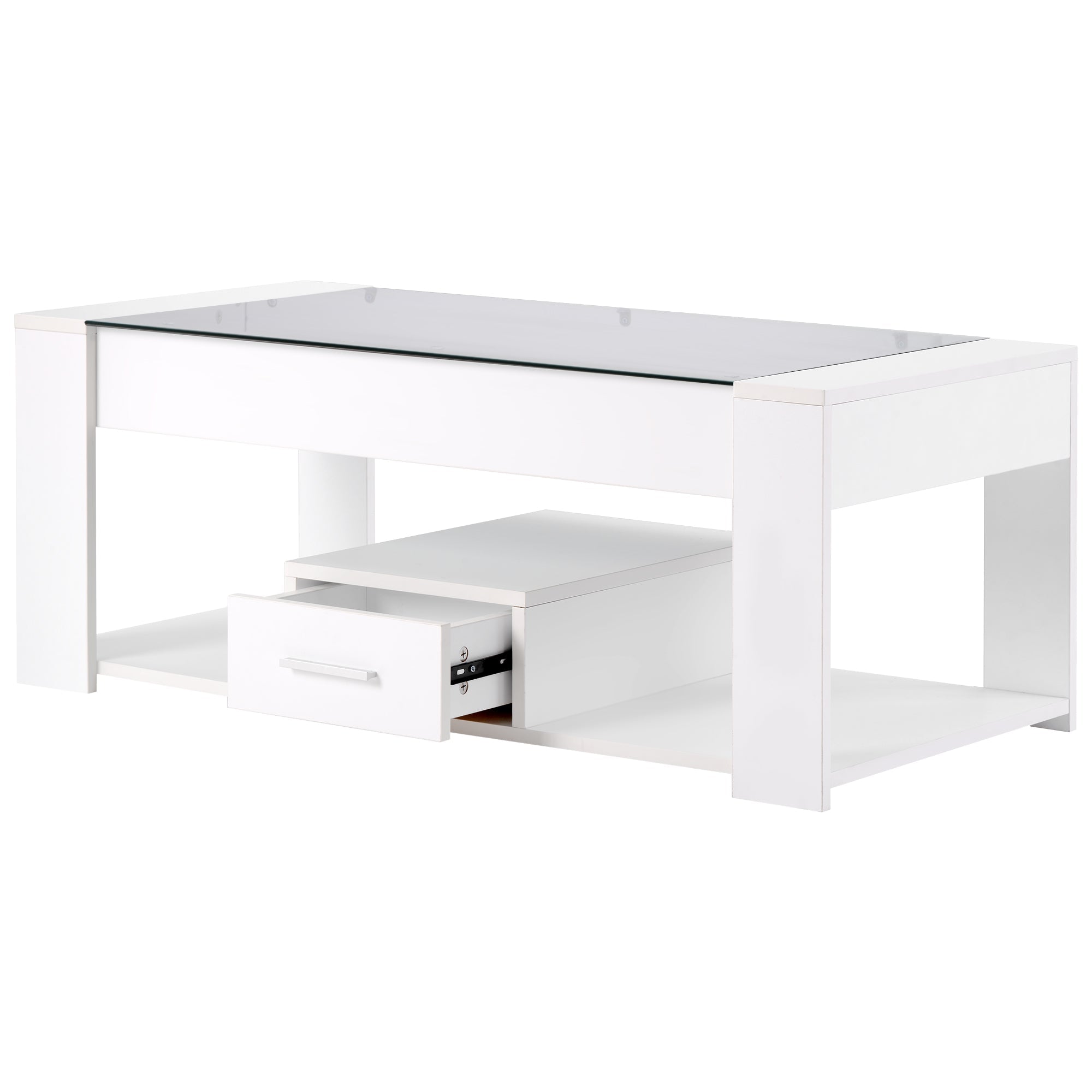 Living Room Coffee Table with Glass Top, Lockers, and Storage, White