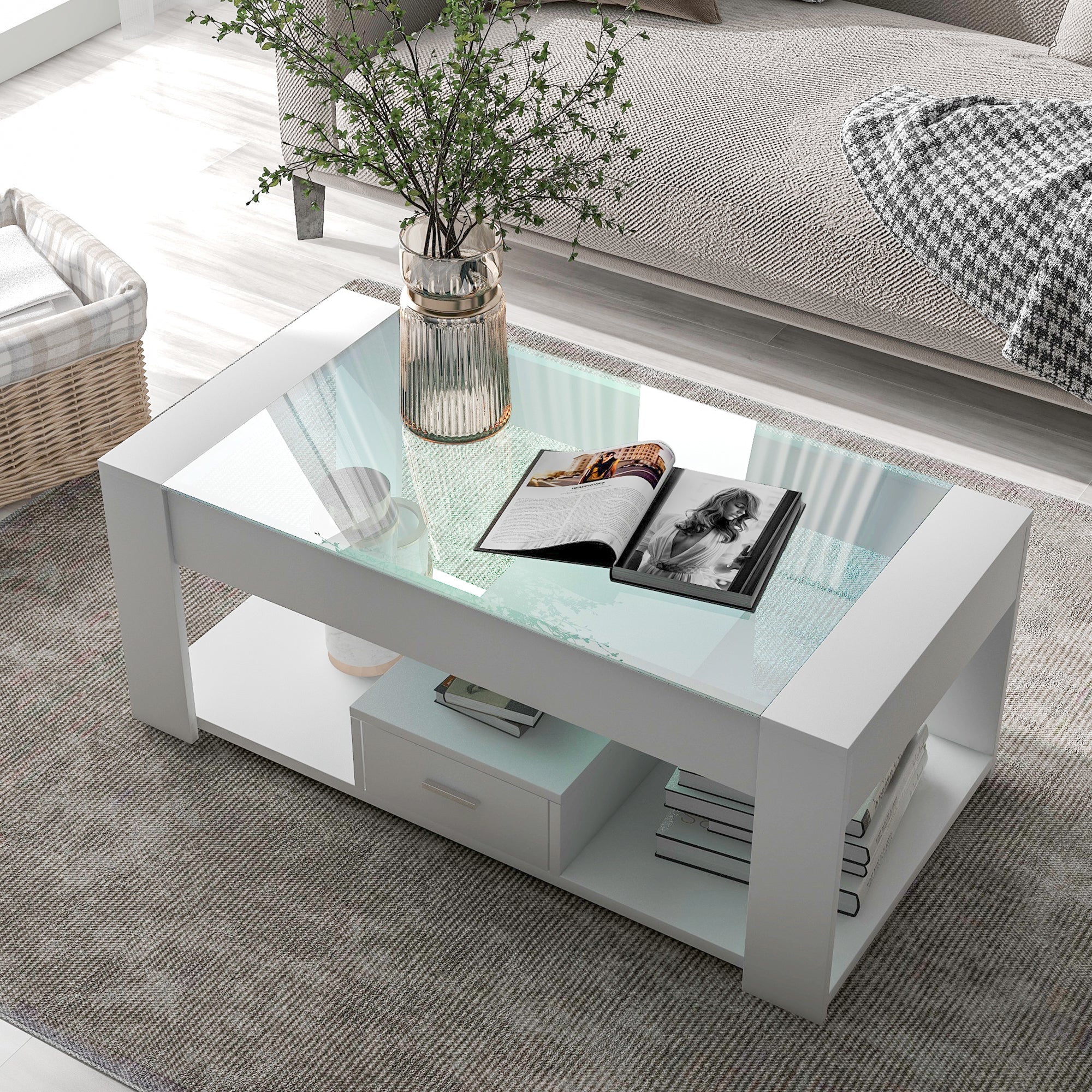 Living Room Coffee Table with Glass Top, Lockers, and Storage, White