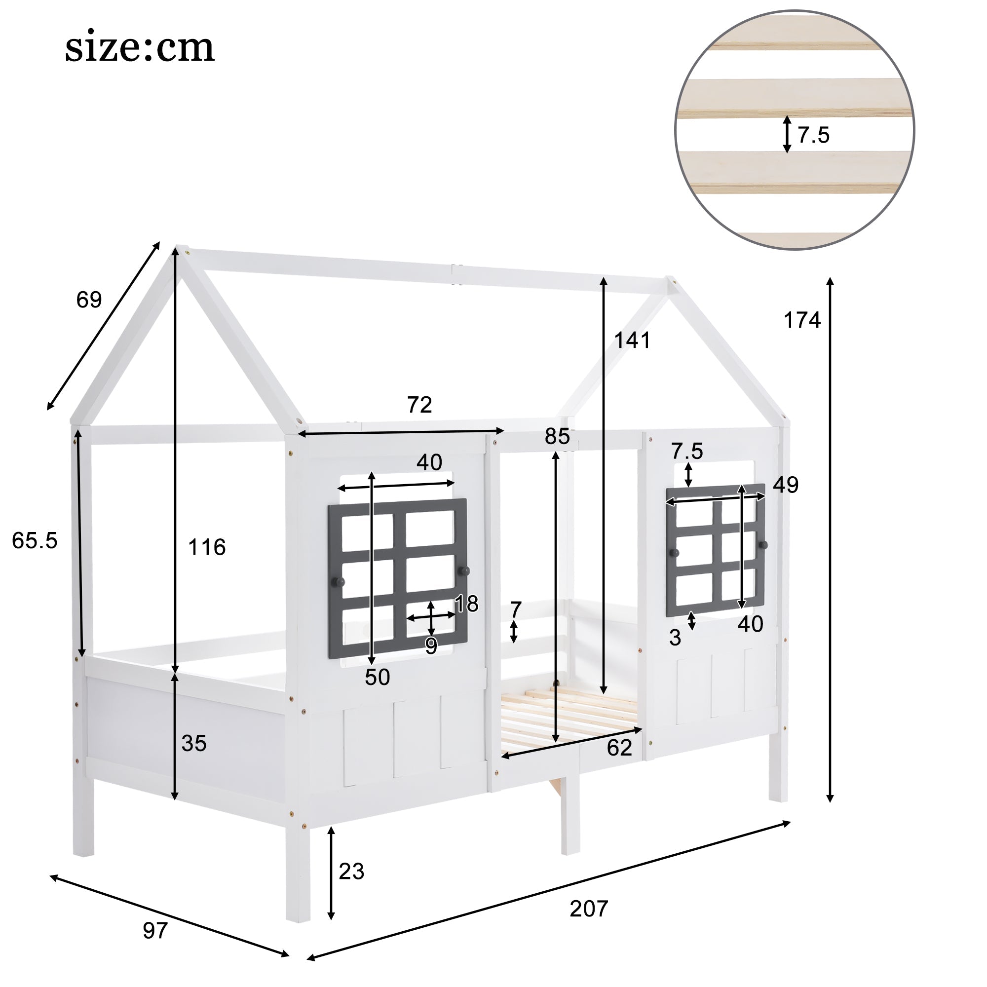 House Bed, 2 Drawers Single Daybed Children's, Pine/MDF White (200x90cm)