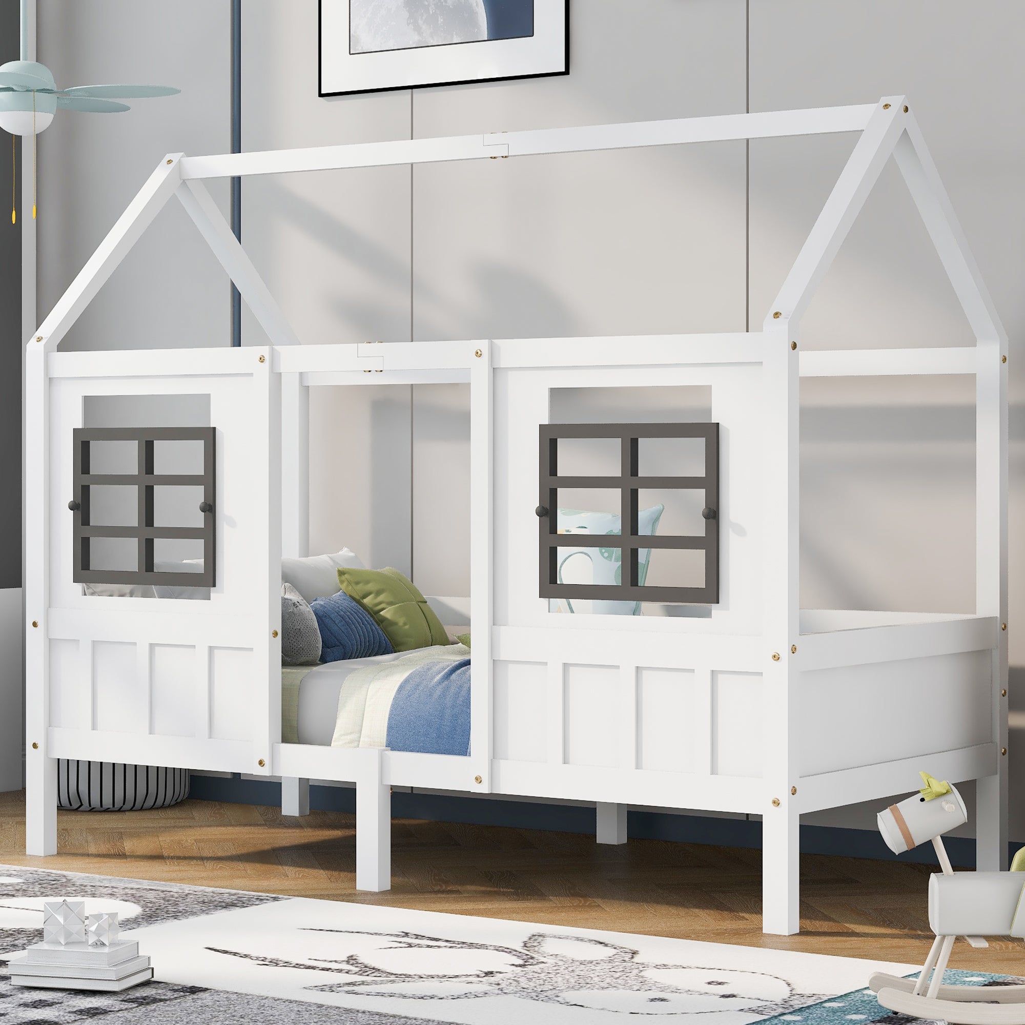 House Bed, Single Day Children's Bed with 2 Windows, Pine MDF, White