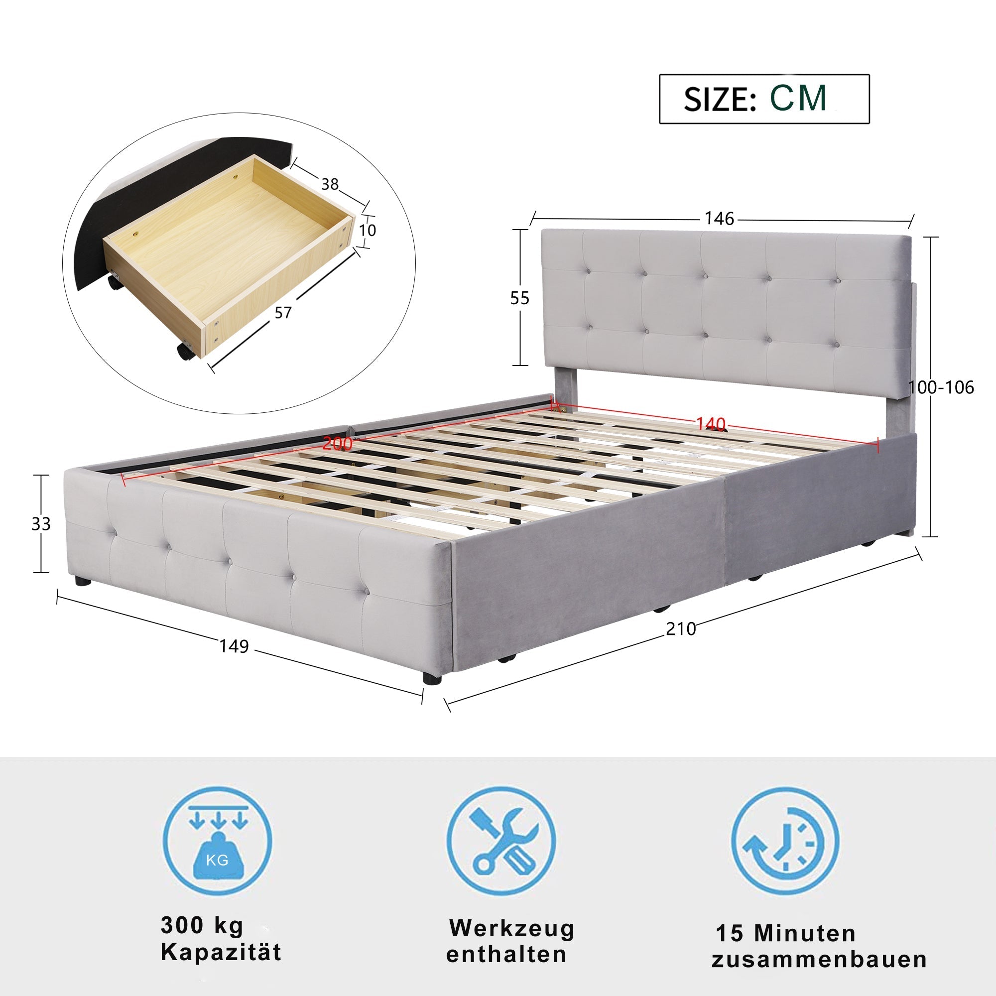 Upholstered Bed, 140x200cm Double with Drawers, Slatted Frame, Backrest, Velvet Fabric Gray