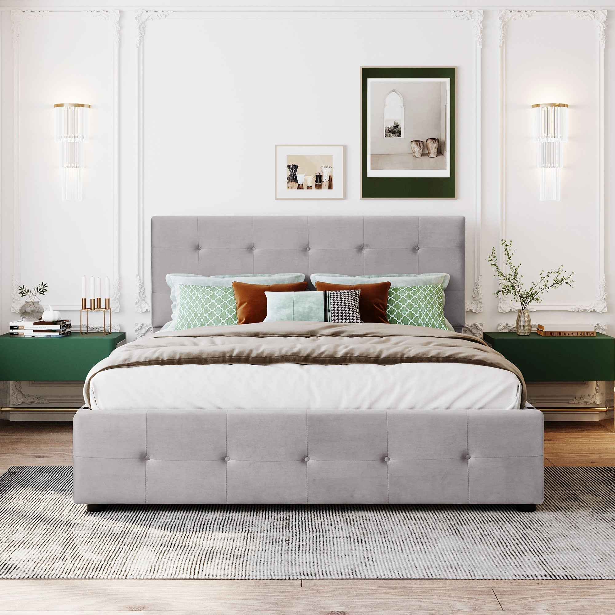 Upholstered Bed, 140x200cm Double with Drawers, Slatted Frame, Backrest, Velvet Fabric Gray