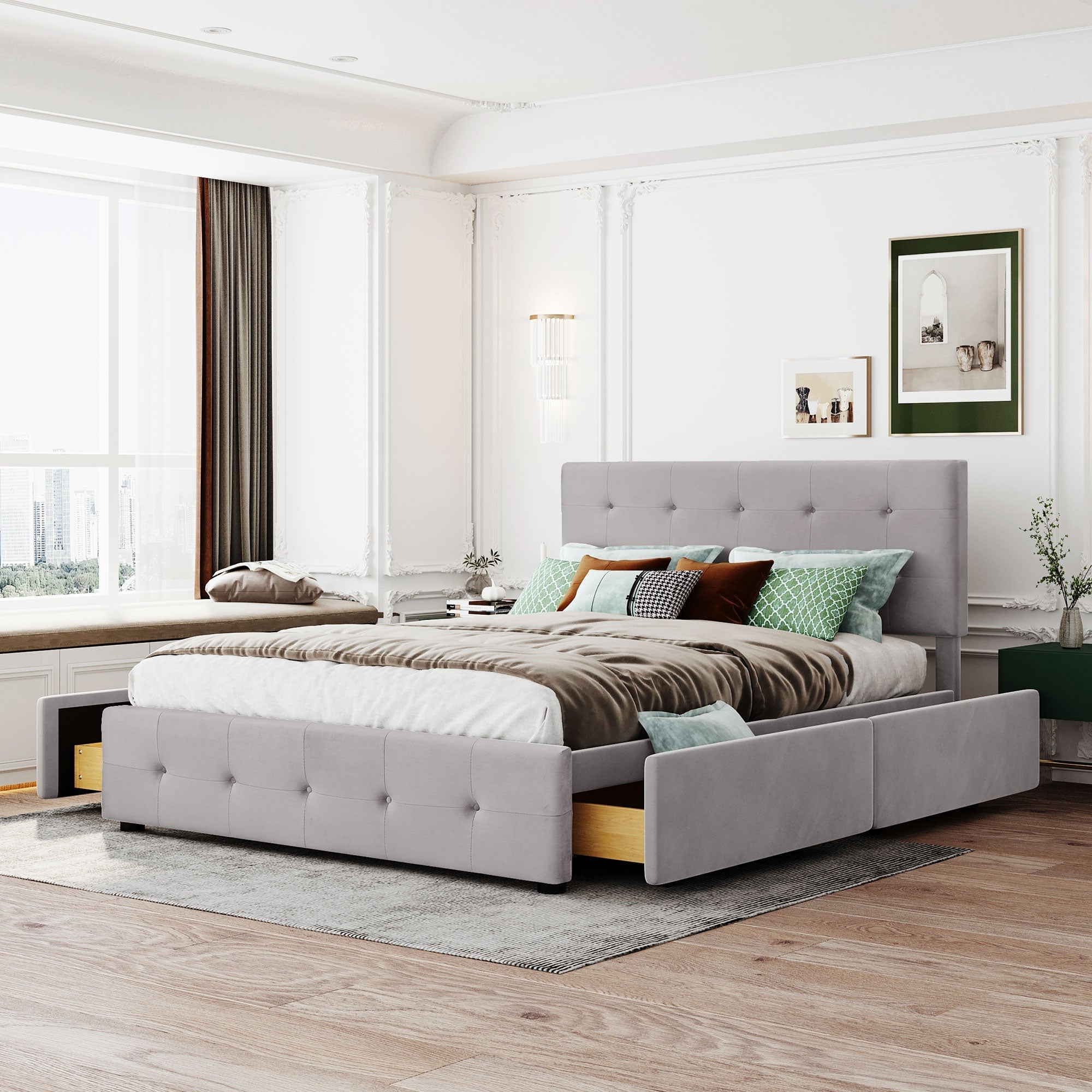 Upholstered Bed, 140x200cm Double with Drawers, Slatted Frame, Backrest, Velvet Fabric Gray