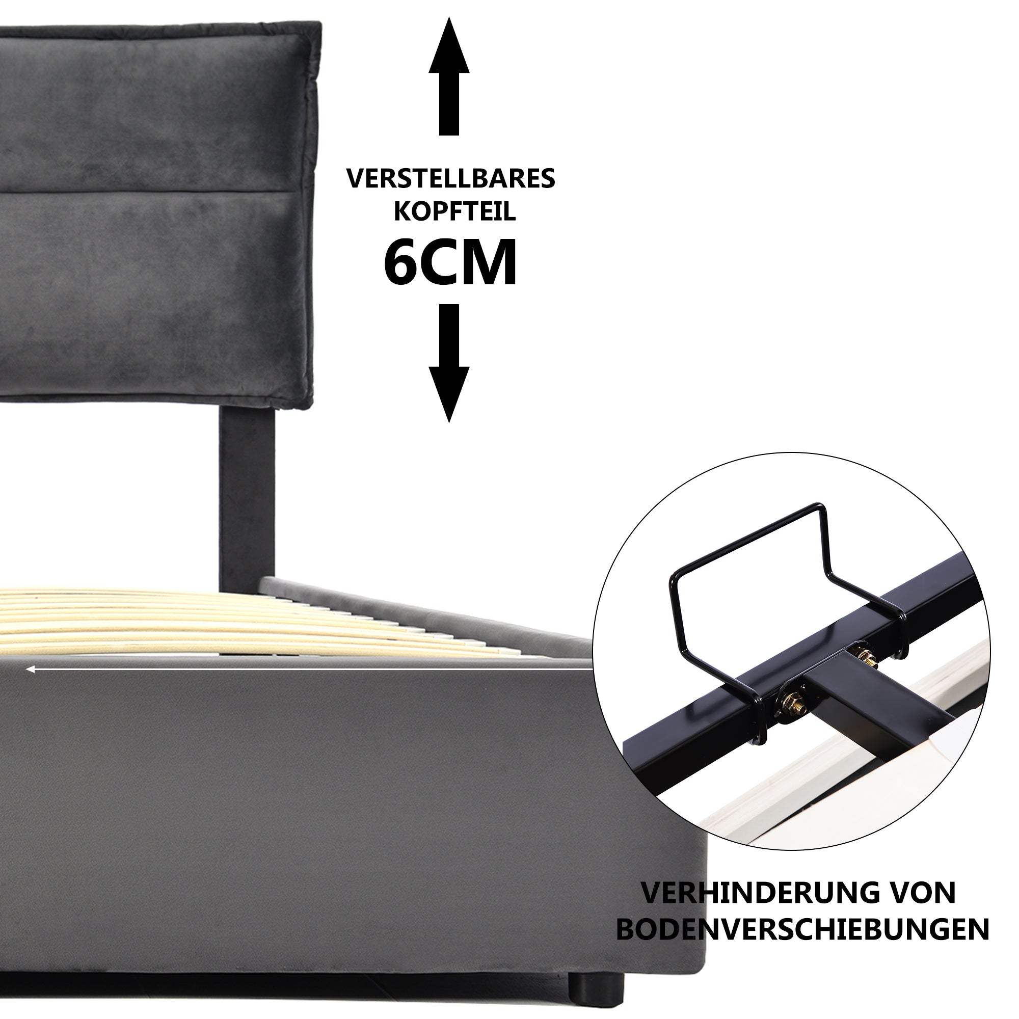 Hydraulic Double Upholstered Bed 140x200cm, Adjustable Headboard, Metal Slatted Frame, Storage, Gray Velvet