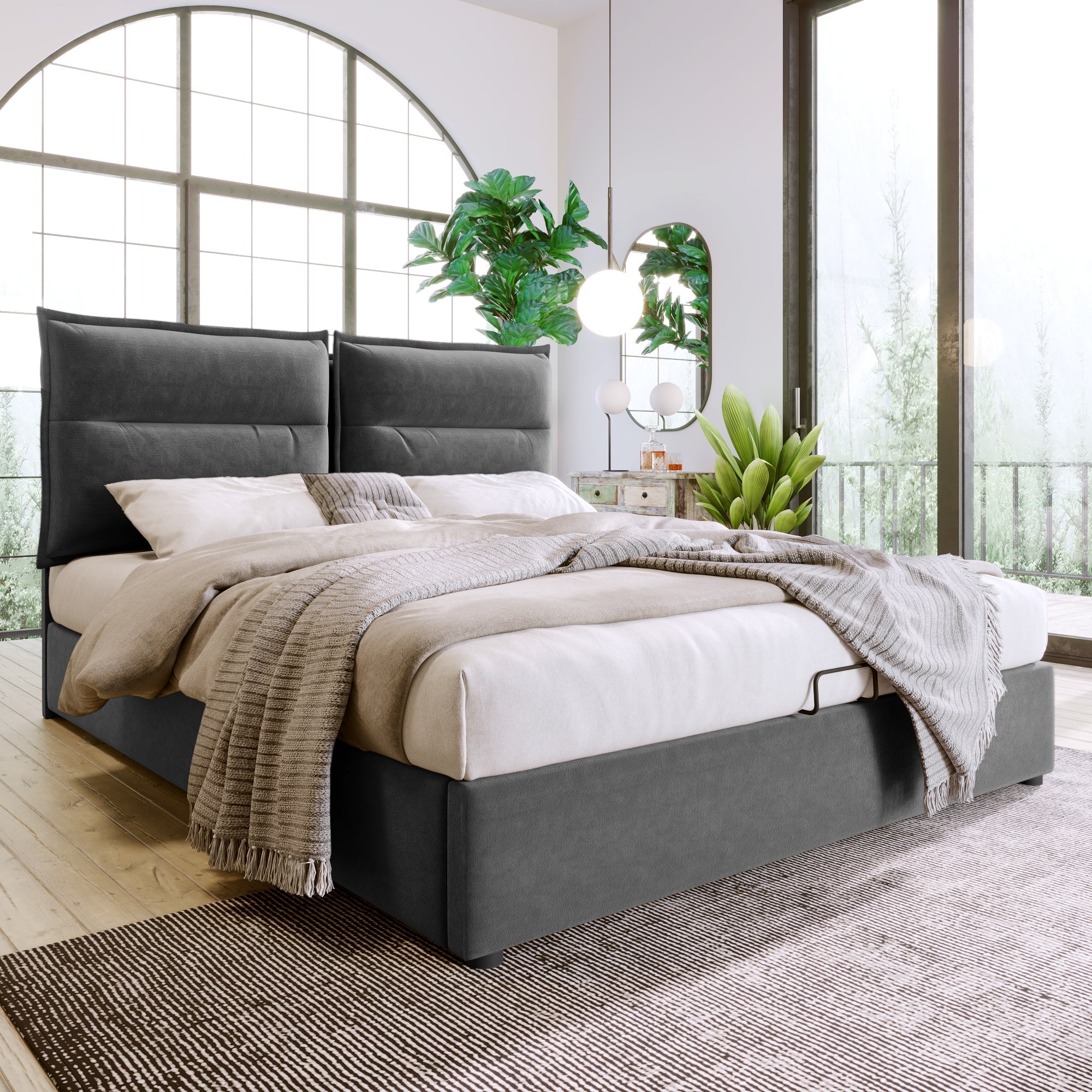 Hydraulic Double Upholstered Bed 140x200cm, Adjustable Headboard, Metal Slatted Frame, Storage, Gray Velvet