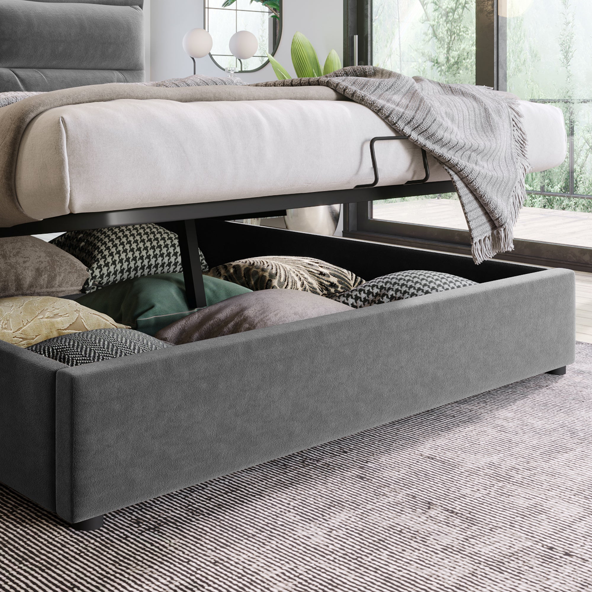 Hydraulic Double Upholstered Bed 140x200cm, Adjustable Headboard, Storage, Gray Velvet