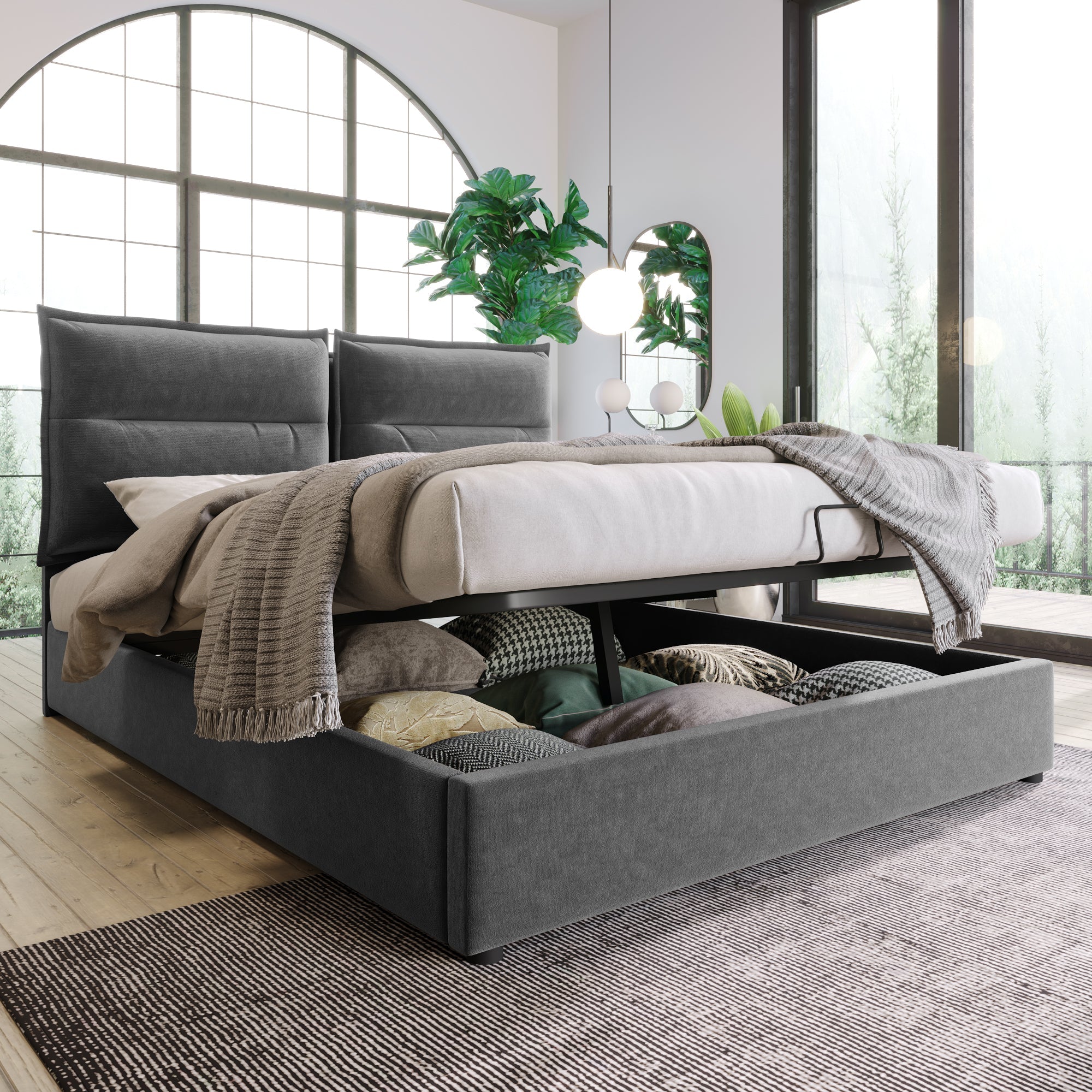 Hydraulic Double Upholstered Bed 140x200cm, Adjustable Headboard, Metal Slatted Frame, Storage, Gray Velvet