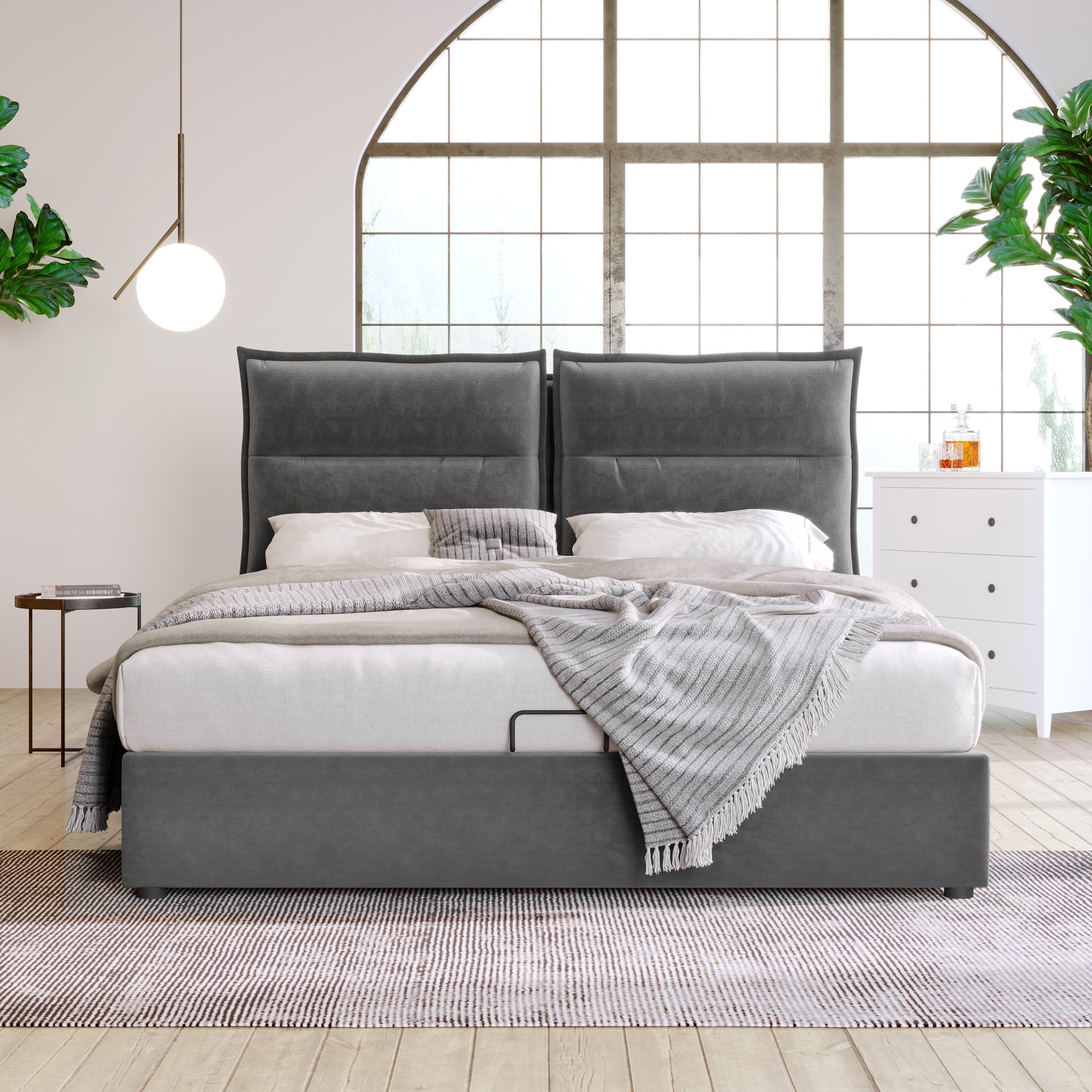 Hydraulic Double Upholstered Bed 140x200cm, Adjustable Headboard, Metal Slatted Frame, Storage, Gray Velvet