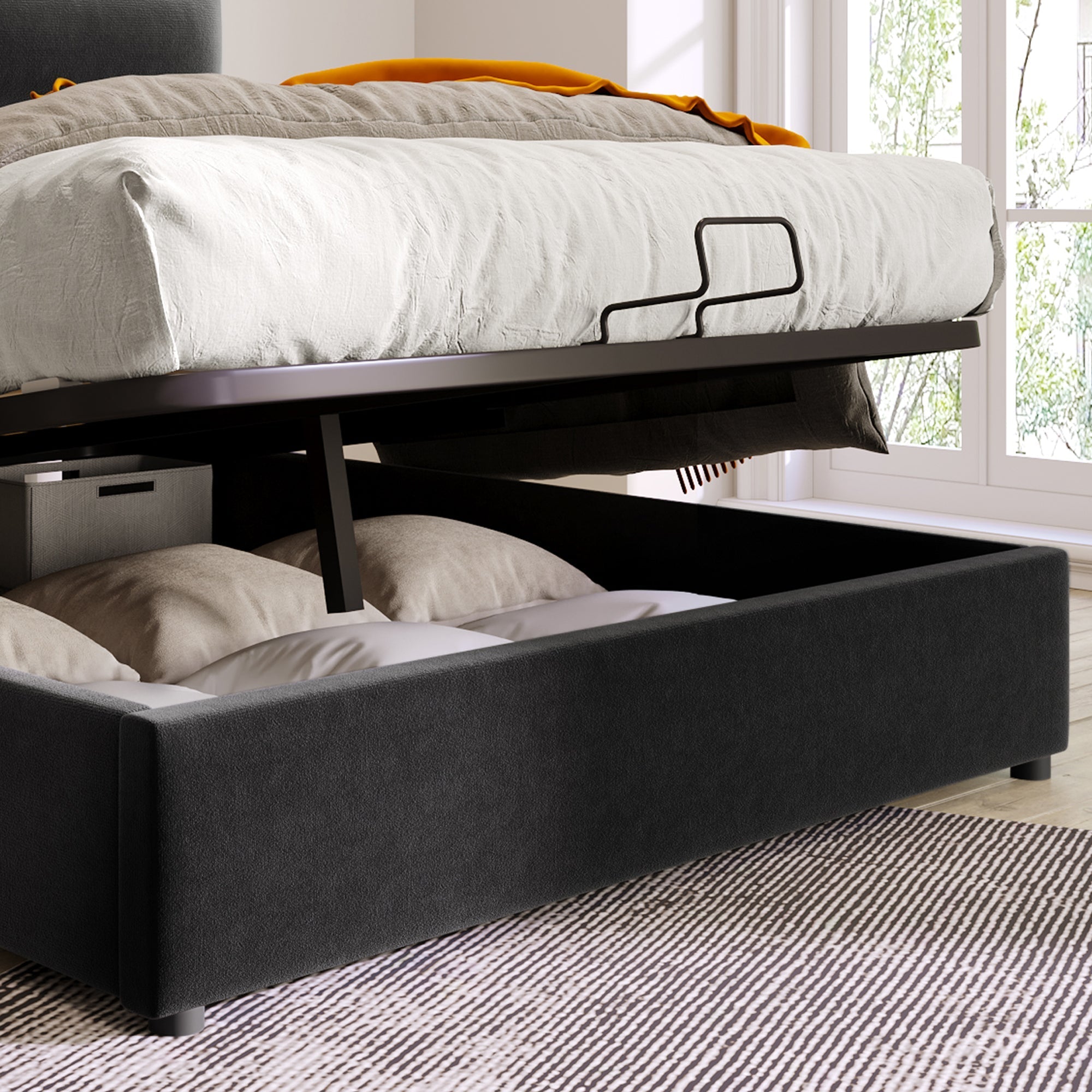 Hydraulic Double Upholstered Bed, 140x200cm Adjustable Headboard Metal Frame, Velvet Black