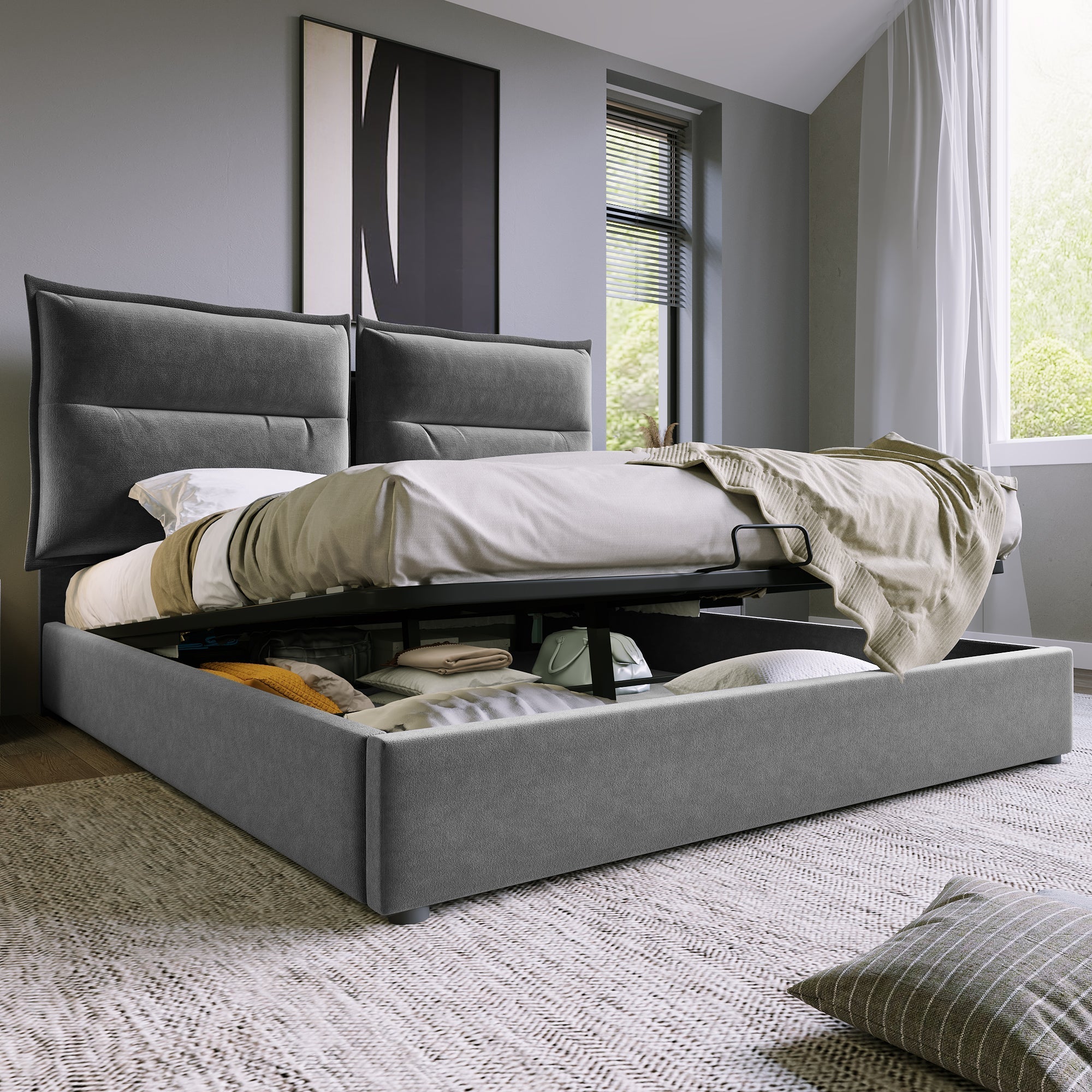 Hydraulic Double Upholstered Bed 140x200cm, Adjustable Headboard, Metal Slatted Frame, Storage, Gray Velvet