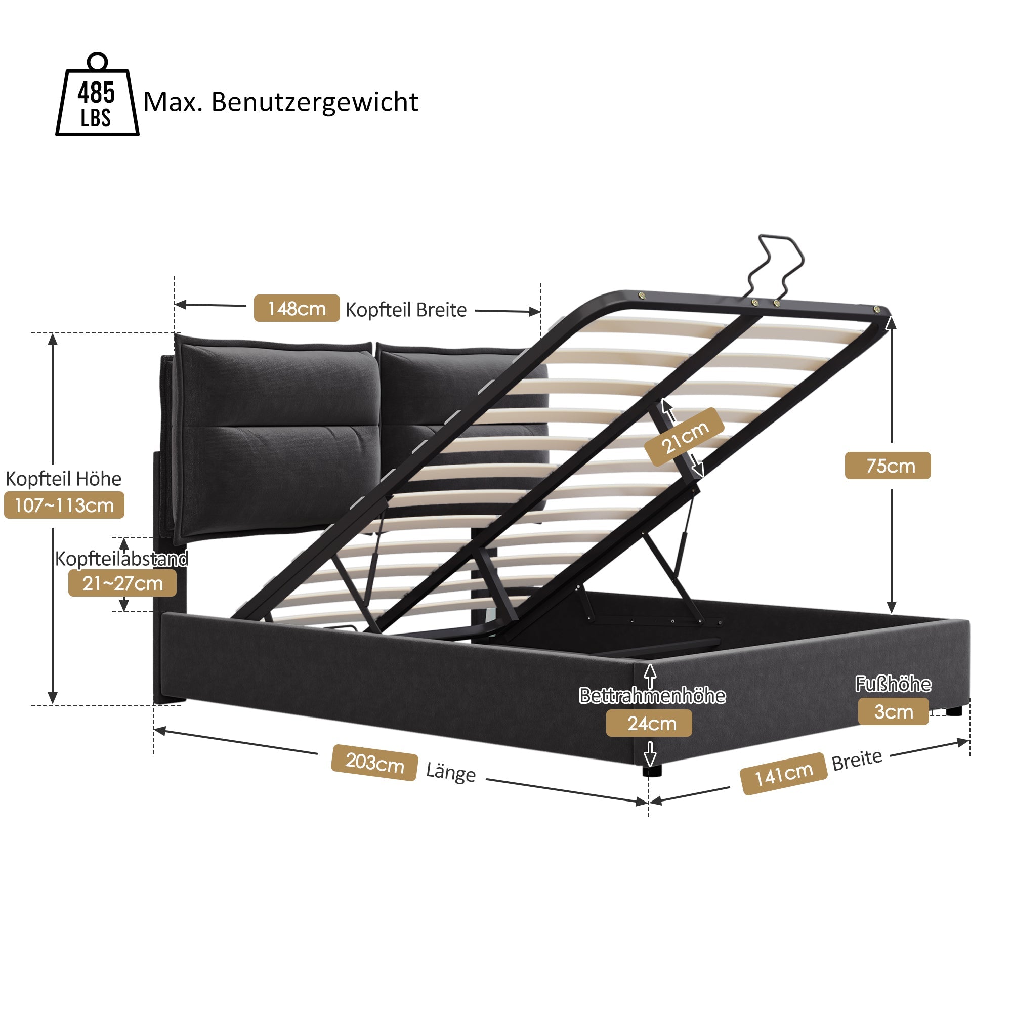 Hydraulic Double Upholstered Bed, 140x200cm, Adjustable Headboard, Velvet, Black