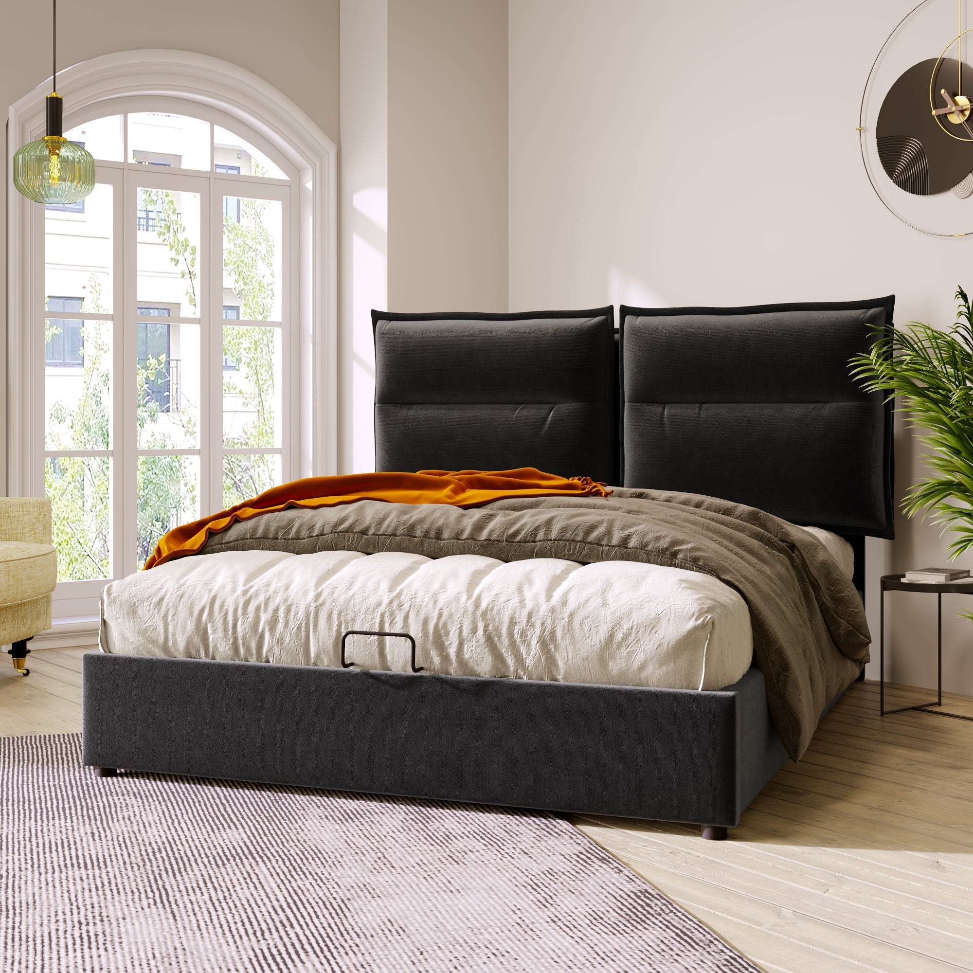 Hydraulic Double Upholstered Bed, 140x200cm Adjustable Headboard Metal Frame, Velvet Black