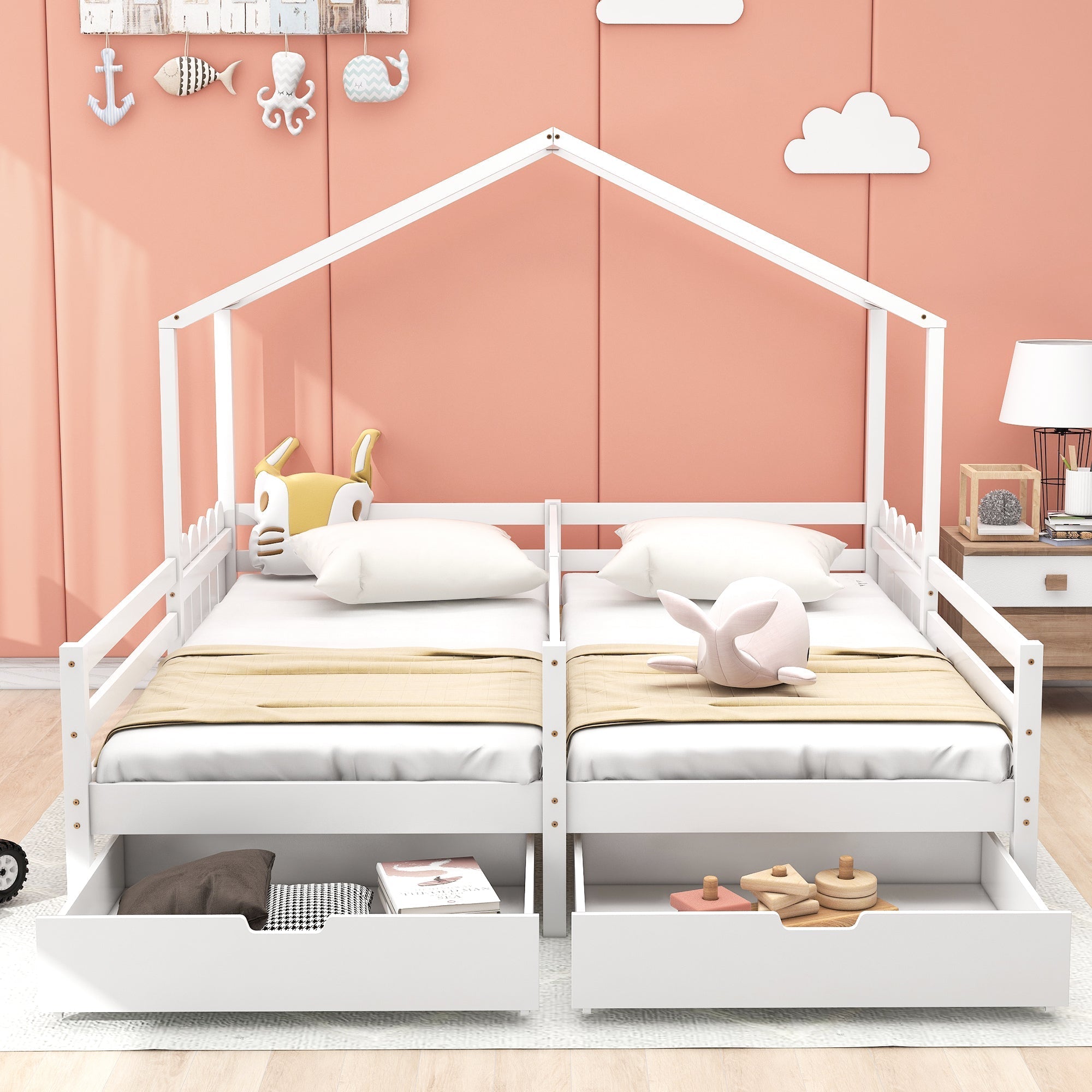 House Bed, Double Kids Cot with 2 MDF Drawers, Pine Slatted Frame, White
