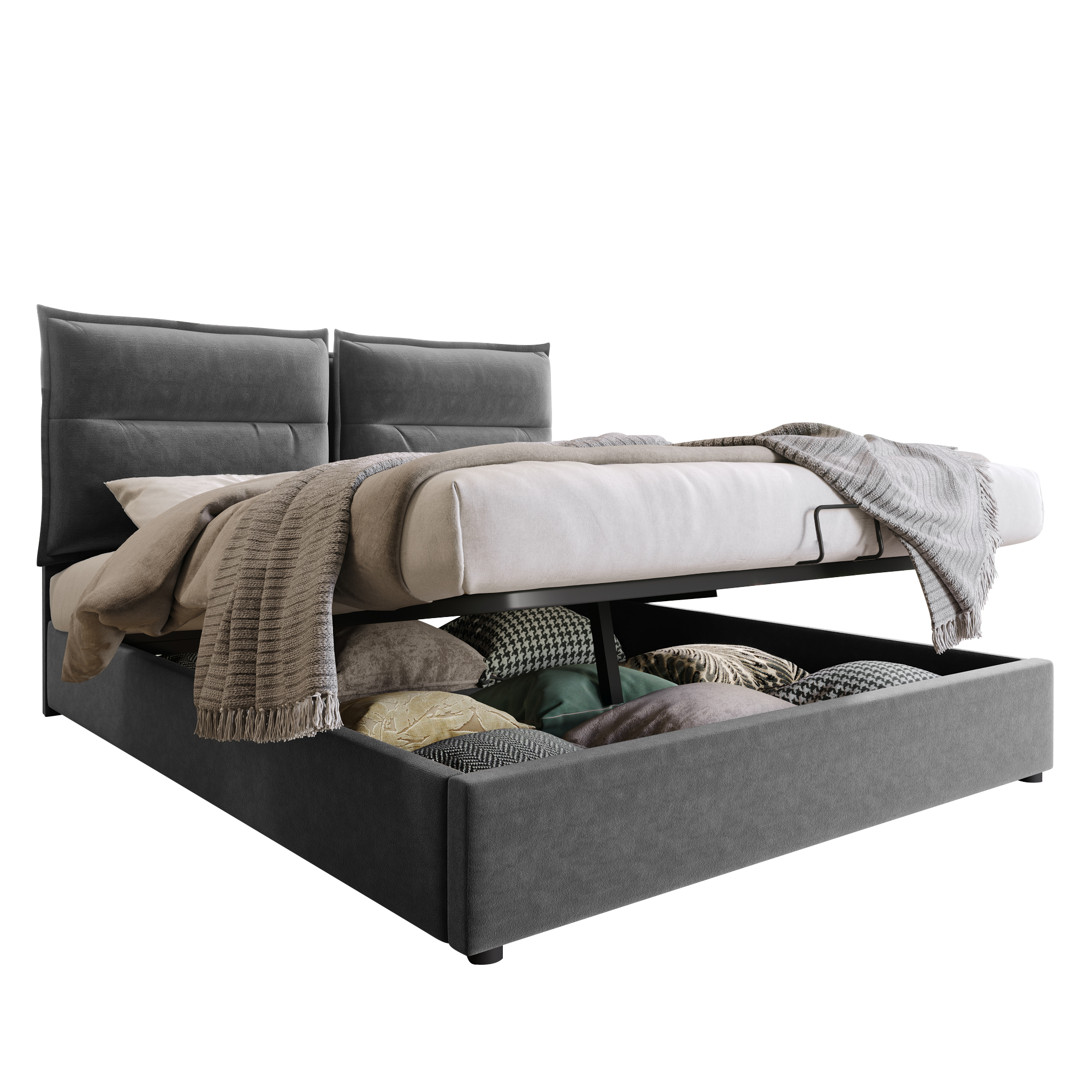 Hydraulic Double Upholstered Bed 140x200cm, Adjustable Headboard, Storage, Gray Velvet