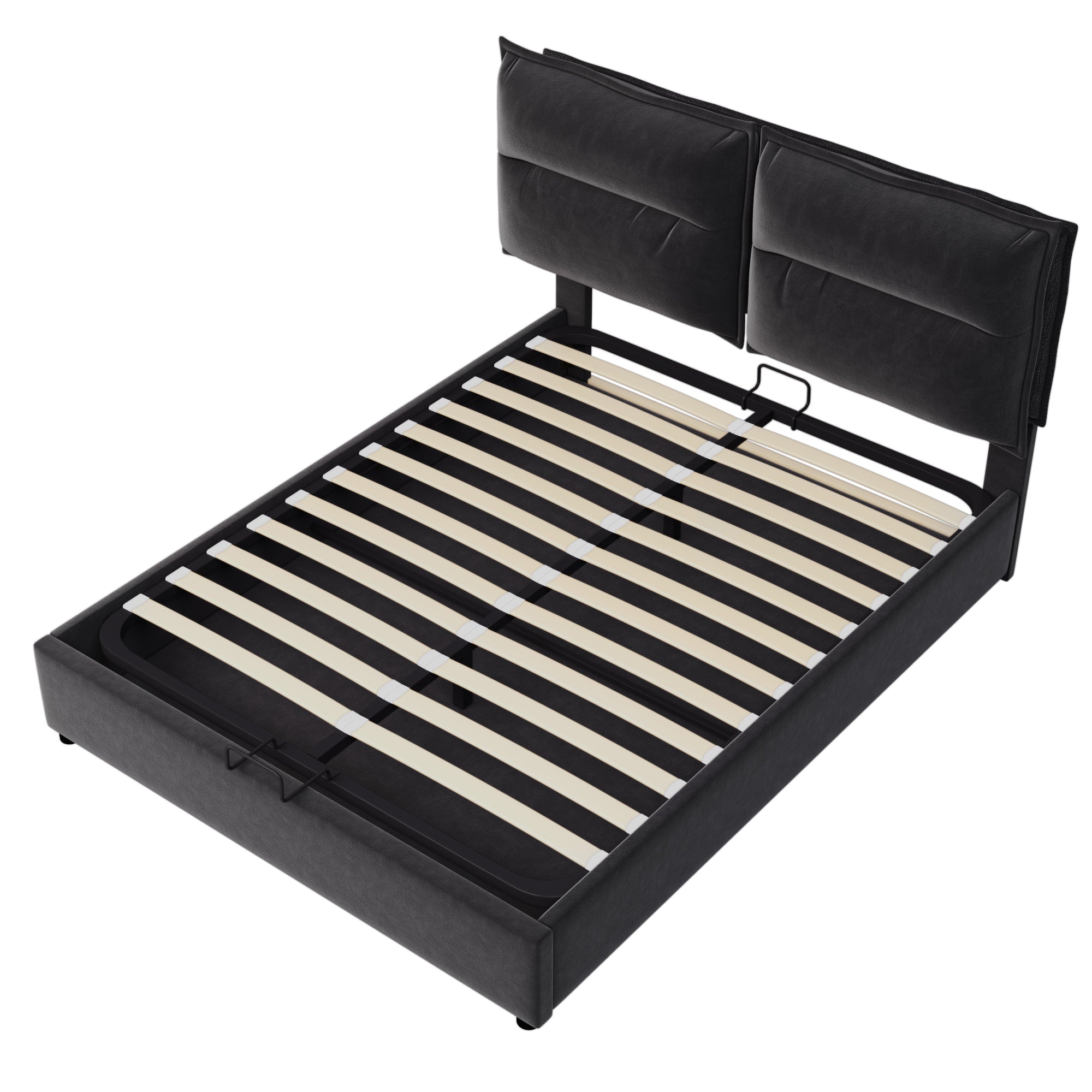 Hydraulic Double Upholstered Bed, 140x200cm, Adjustable Headboard, Velvet, Black