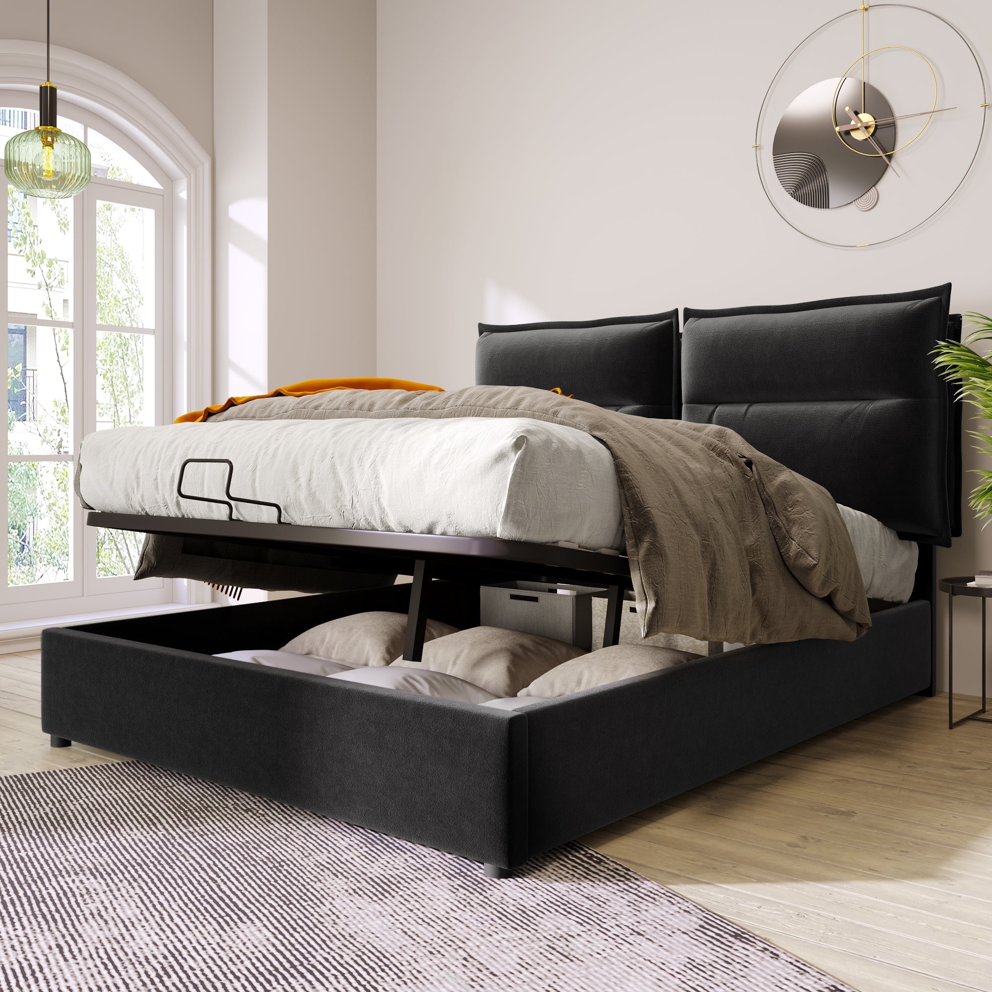 Hydraulic Double Upholstered Bed, 140x200cm, Adjustable Headboard, Velvet, Black