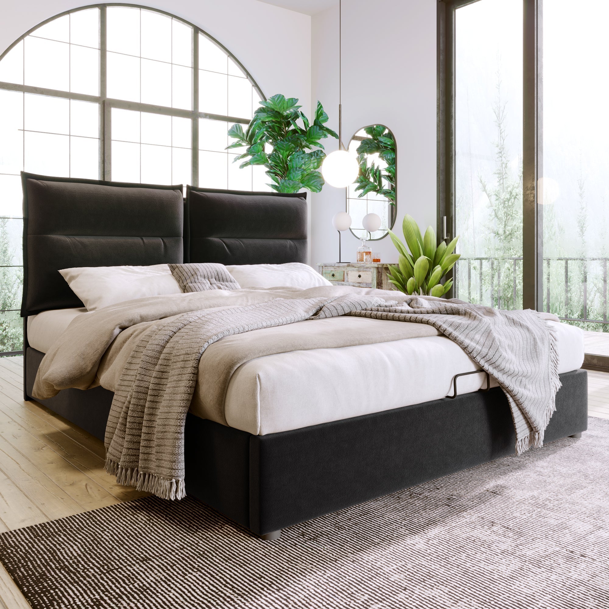Hydraulic Double Upholstered Bed, 140x200cm Adjustable Headboard Metal Frame, Velvet Black