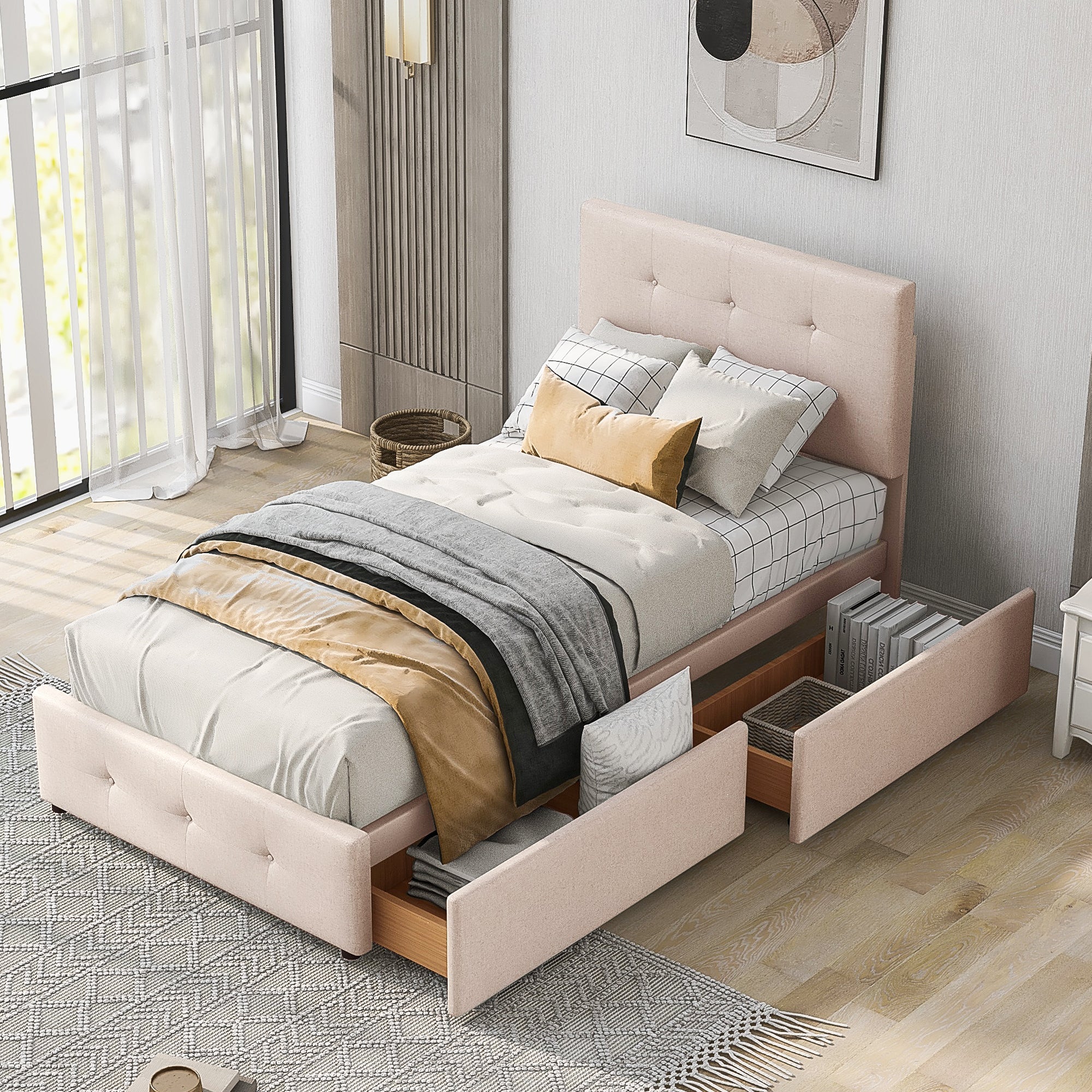 Upholstered Bed with Slatted Frame, Backrest & 2 Drawers, Velvet Beige