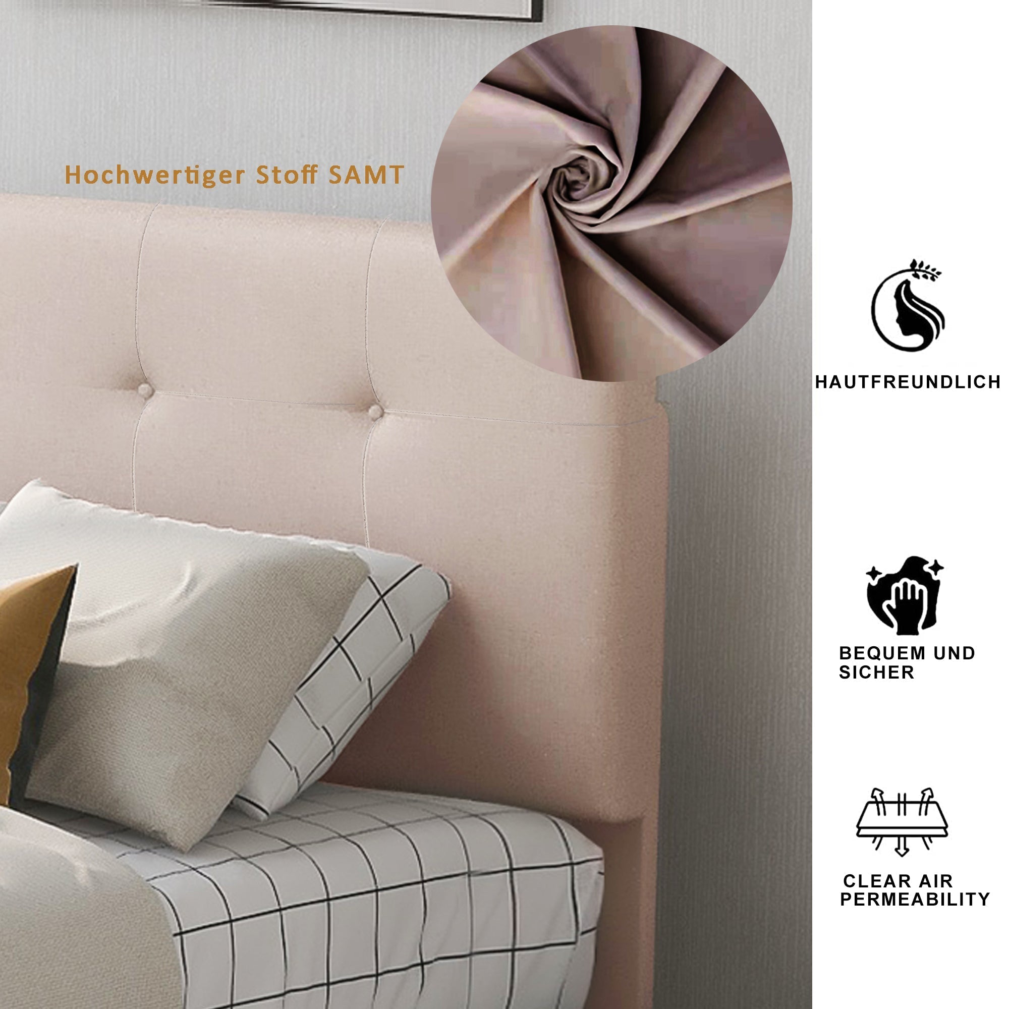 Upholstered Bed with Slatted Frame, Backrest & 2 Drawers, Velvet Beige