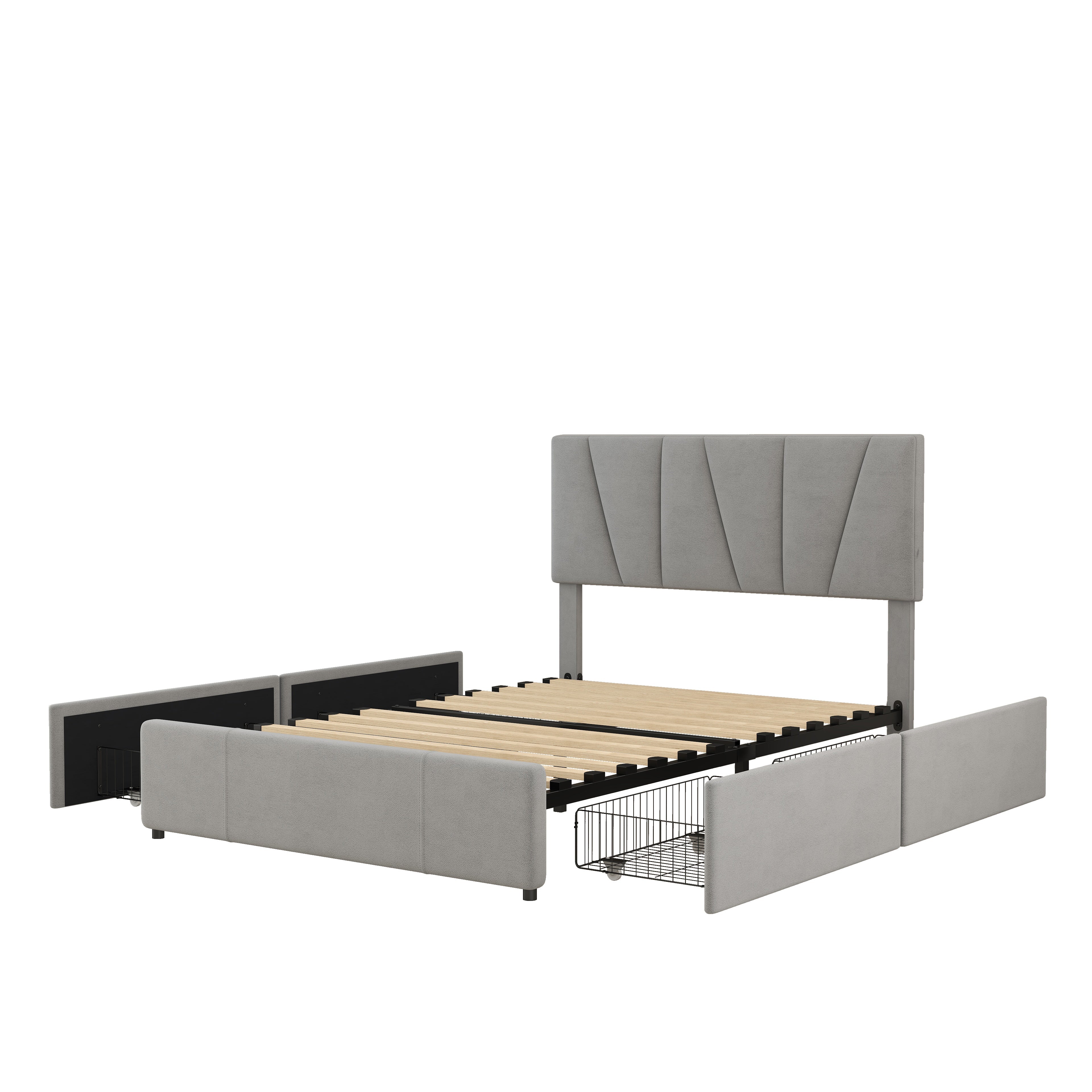 Upholstered Platform Bed Double Size 140x200cm 4 Drawers Adjustable Headboard Grey