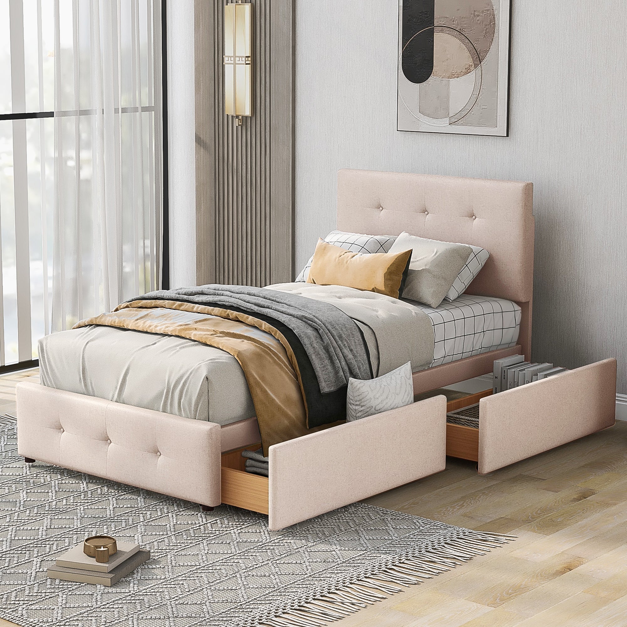Upholstered Bed with Slatted Frame, Backrest & 2 Drawers, Velvet Beige