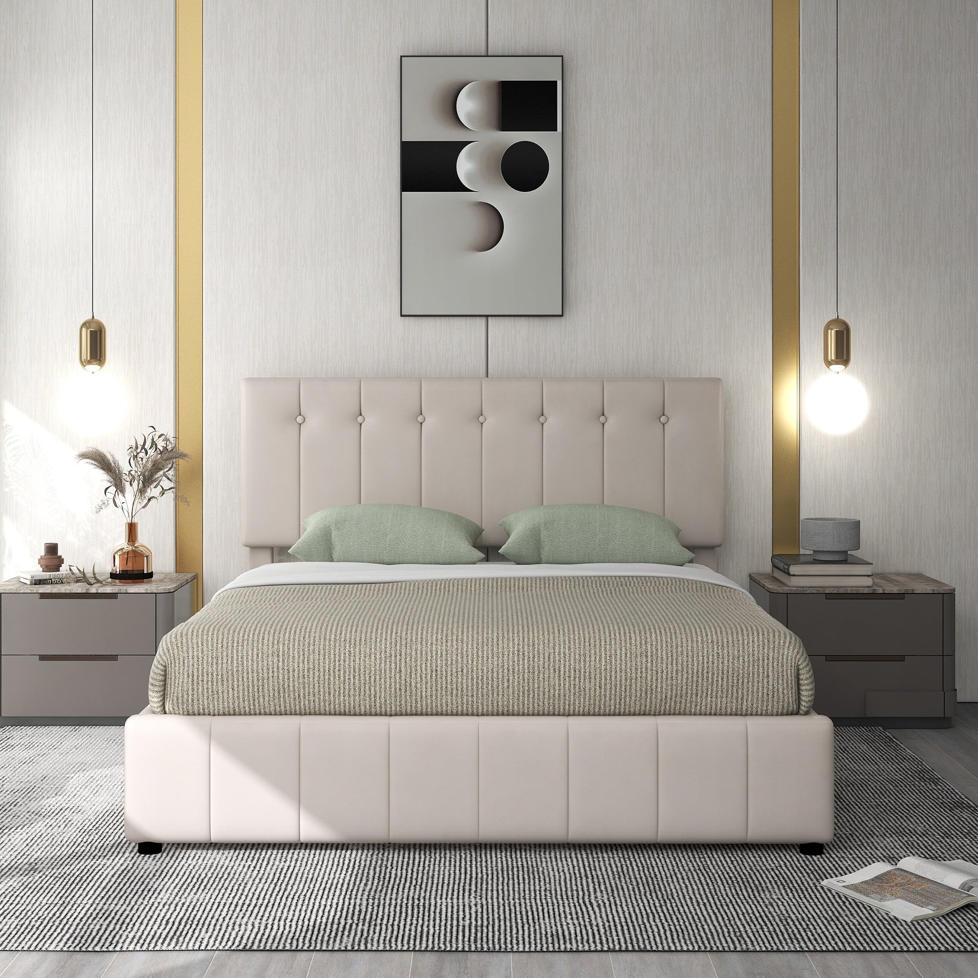 Upholstered Bed 140x200, Hydraulic Storage, Adjustable Headboard, Velvet Cream White