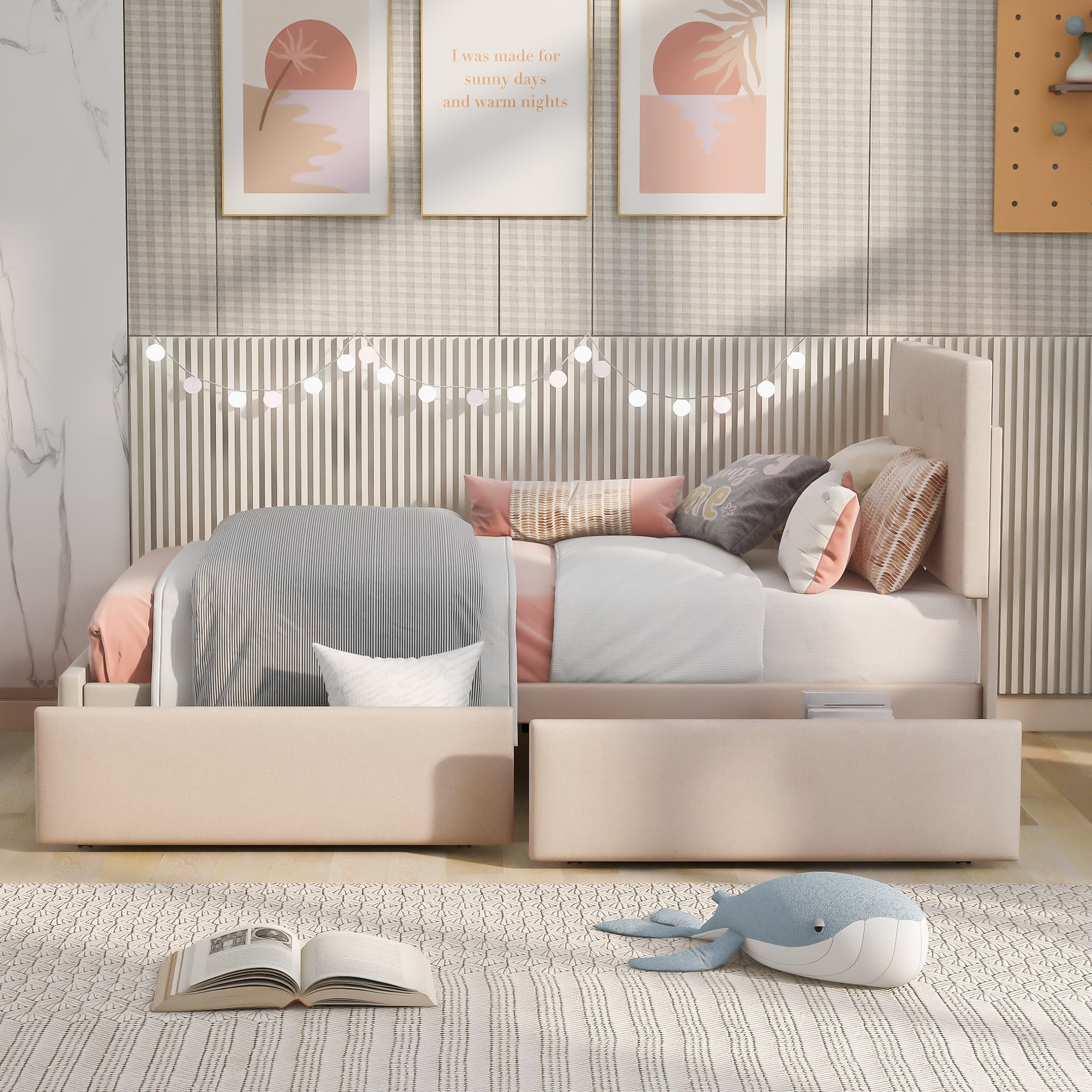 Upholstered Bed with Slatted Frame, Backrest & 2 Drawers, Velvet Beige