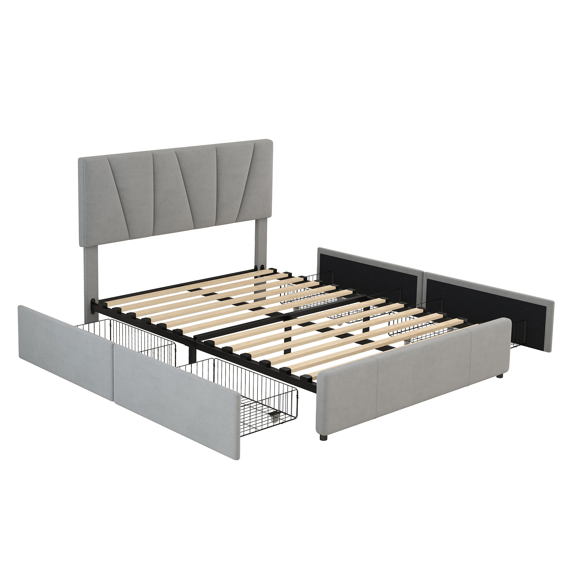 Upholstered Platform Bed Double Size 140x200cm 4 Drawers Adjustable Headboard Grey