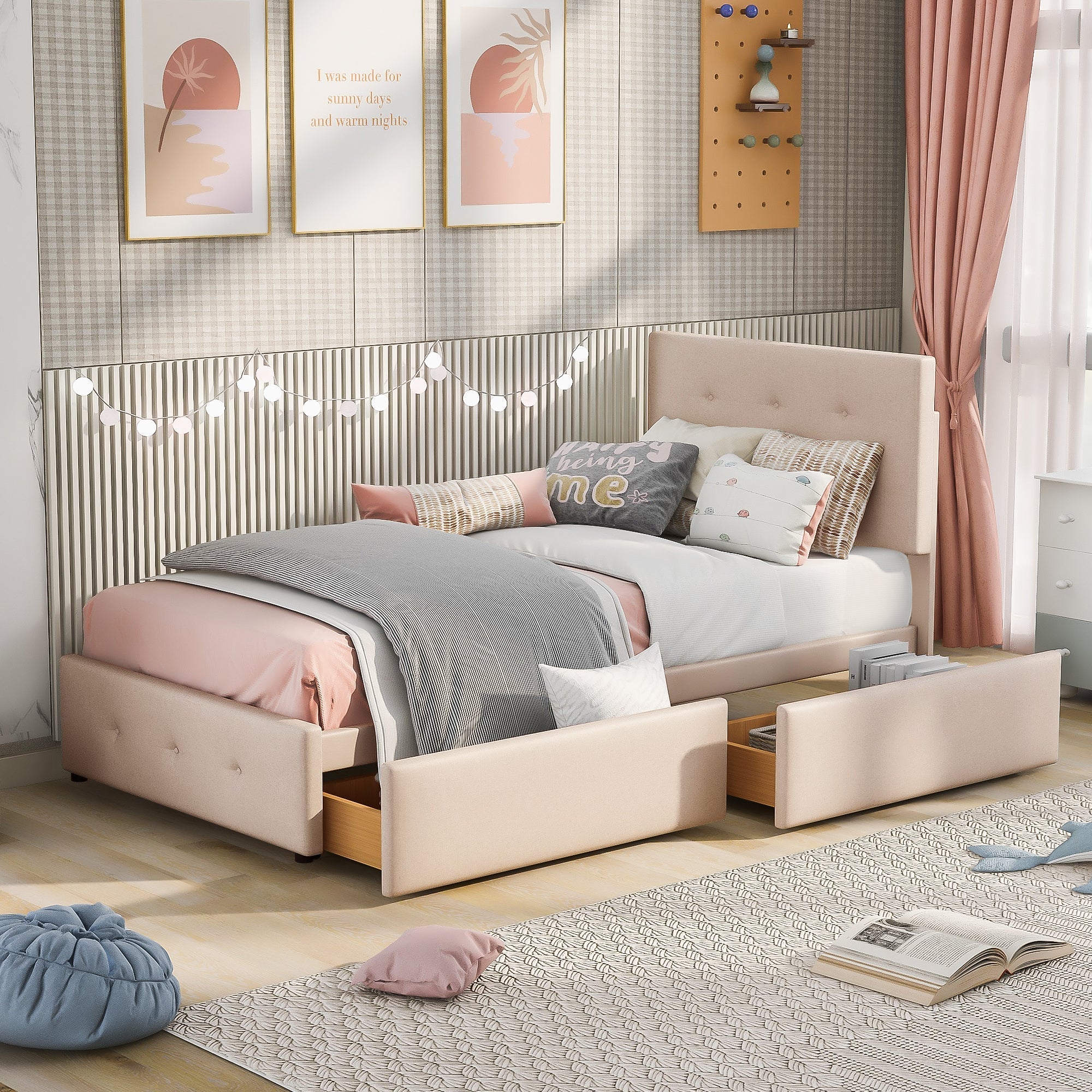 Upholstered Bed with Slatted Frame, Backrest & 2 Drawers, Velvet Beige