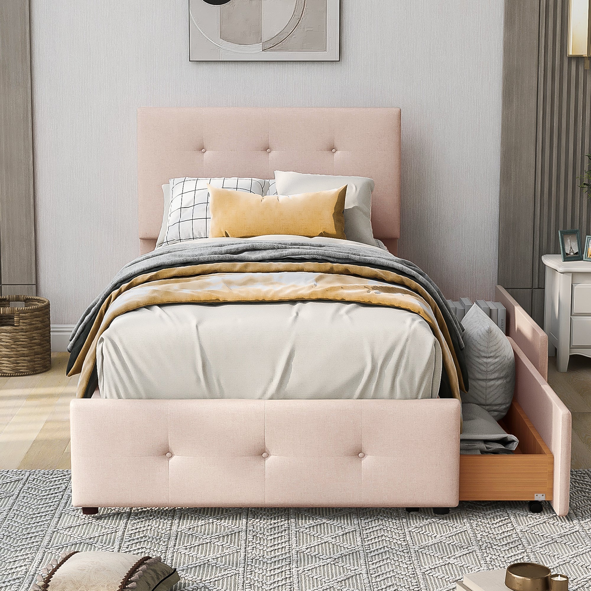 Upholstered Bed with Slatted Frame, Backrest & 2 Drawers, Velvet Beige