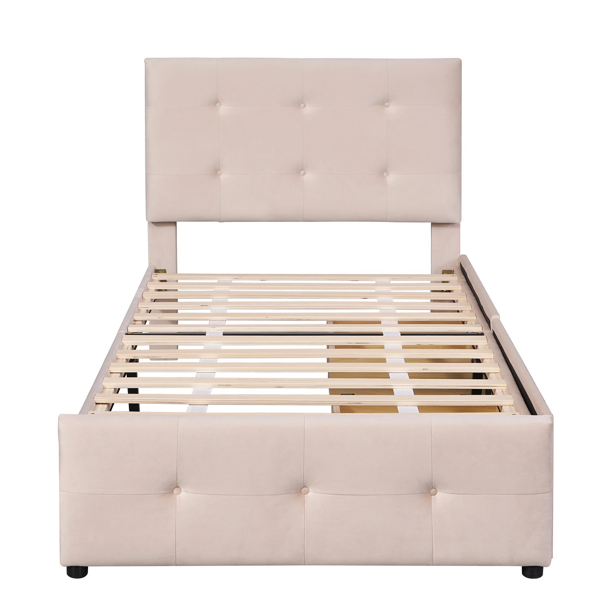 Upholstered Bed with Slatted Frame, Backrest & 2 Drawers, Velvet Beige