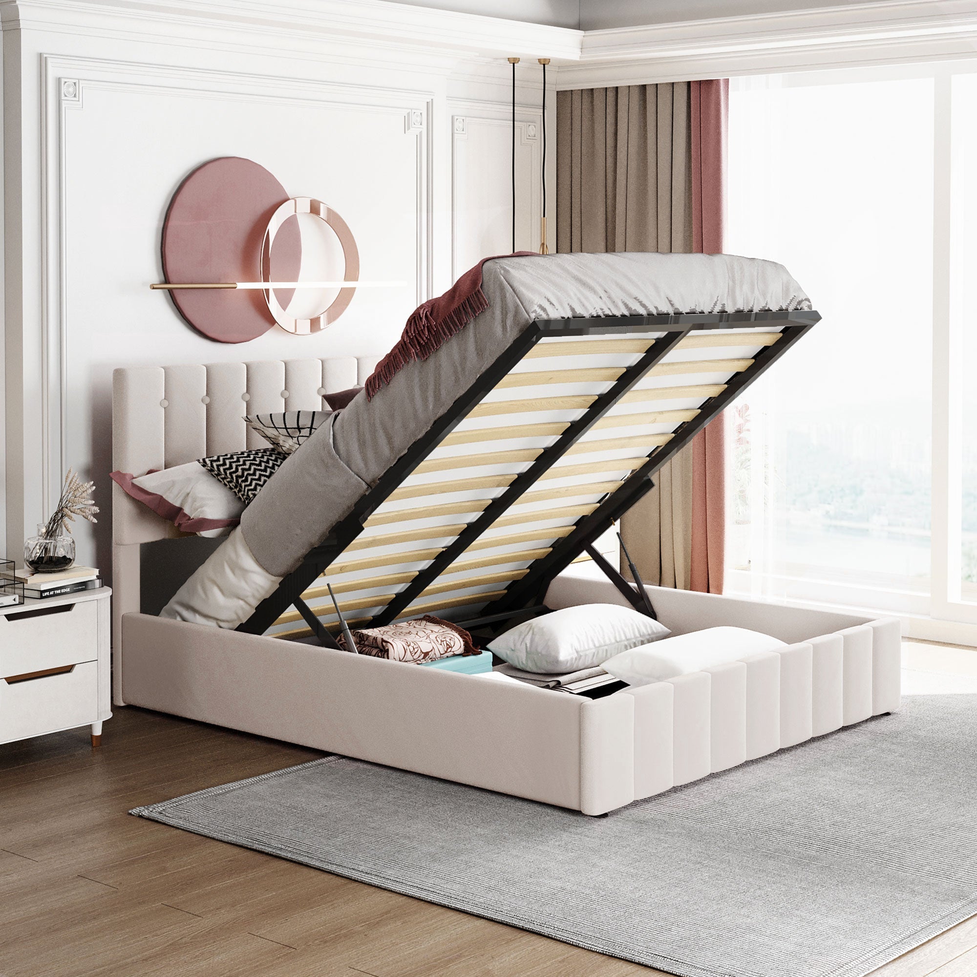 Upholstered Bed 140x200, Hydraulic Storage, Adjustable Headboard, Velvet Cream White
