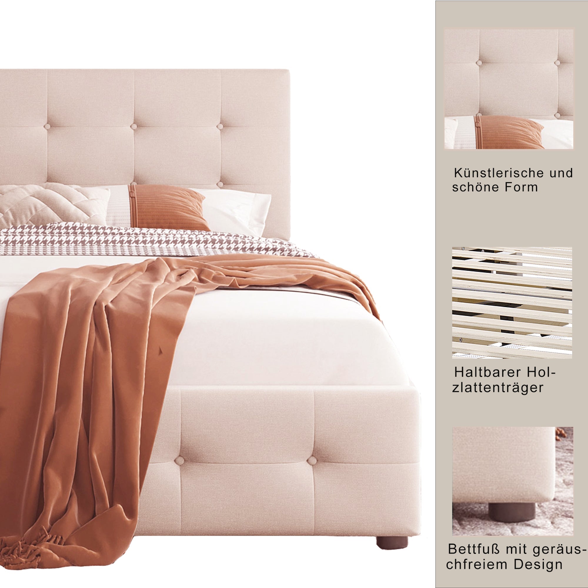 Upholstered Bed with Slatted Frame, Backrest & 2 Drawers, Velvet Beige
