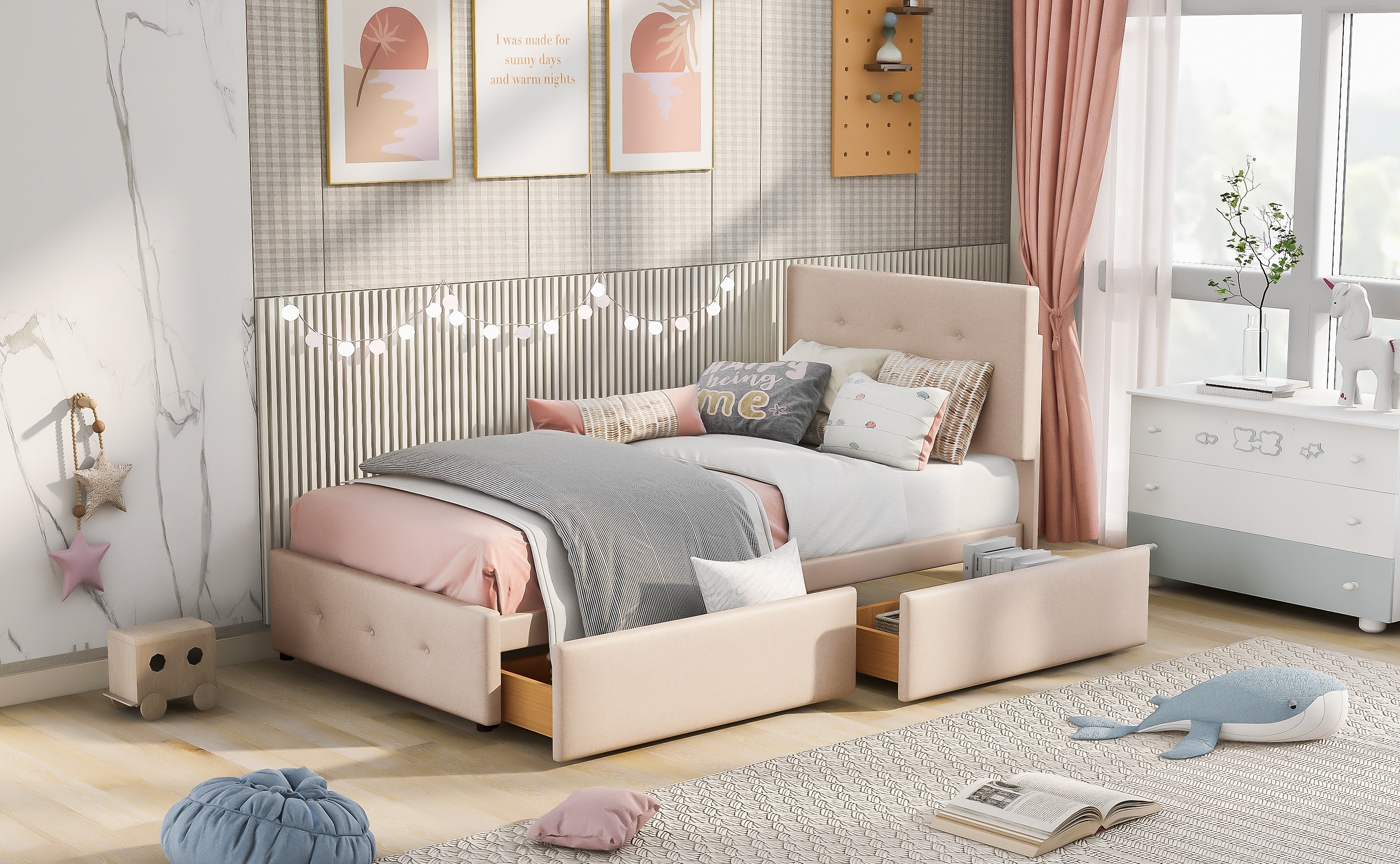 Upholstered Bed with Slatted Frame, Backrest & 2 Drawers, Velvet Beige