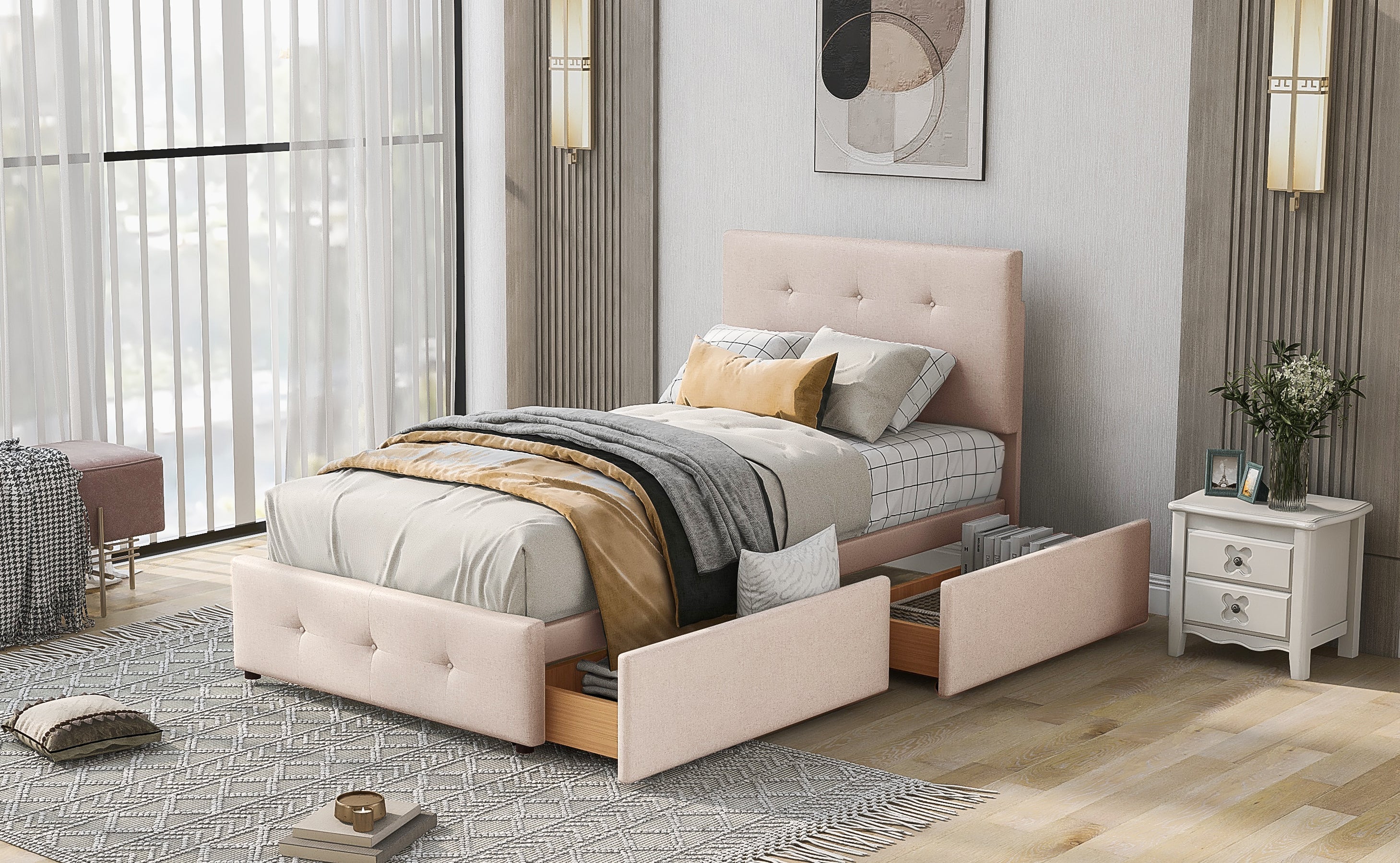 Upholstered Bed with Slatted Frame, Backrest & 2 Drawers, Velvet Beige