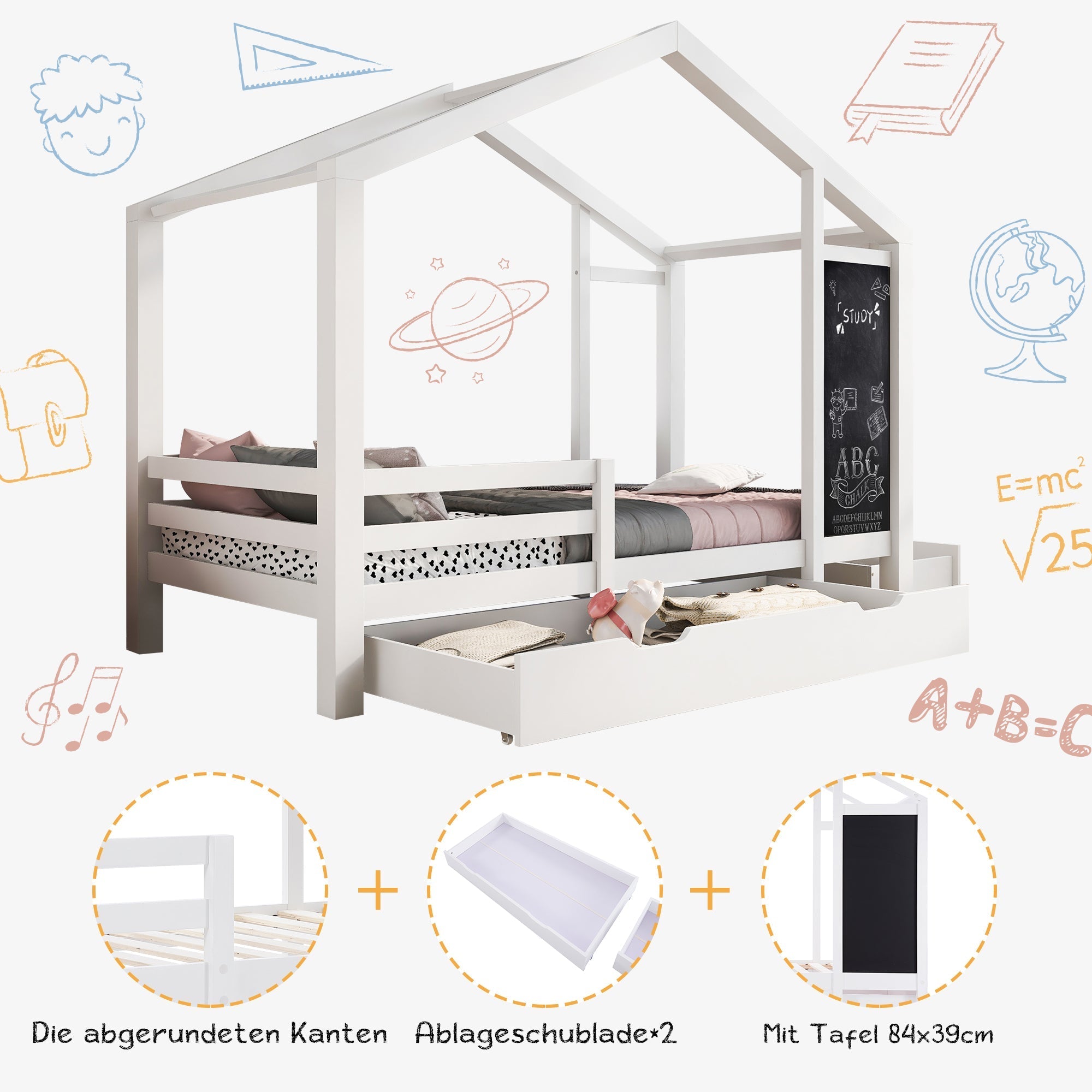 Children's House Bed 90x200cm, Wooden with Blackboard, 2 Drawers, Solid Wood White