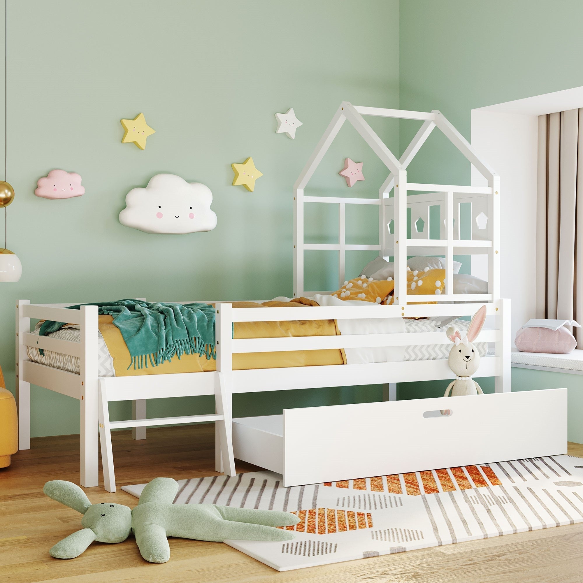House Bed Children's, Ladder, Drawers, Loft Bed, Fall Protection, Solid Wood, 90x200cm White