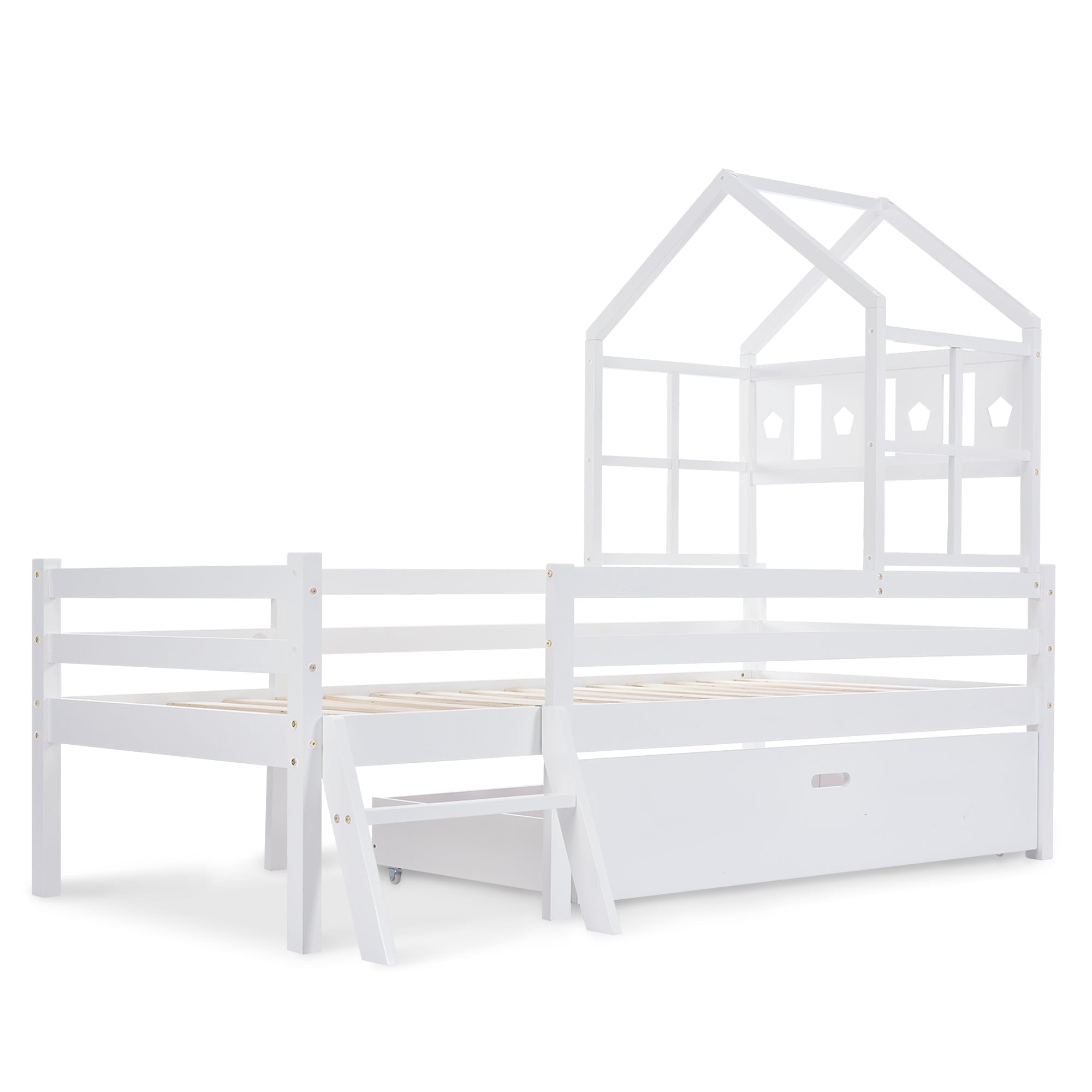 House Bed Children's, Ladder, Drawers, Loft Bed, Fall Protection, Solid Wood, 90x200cm White