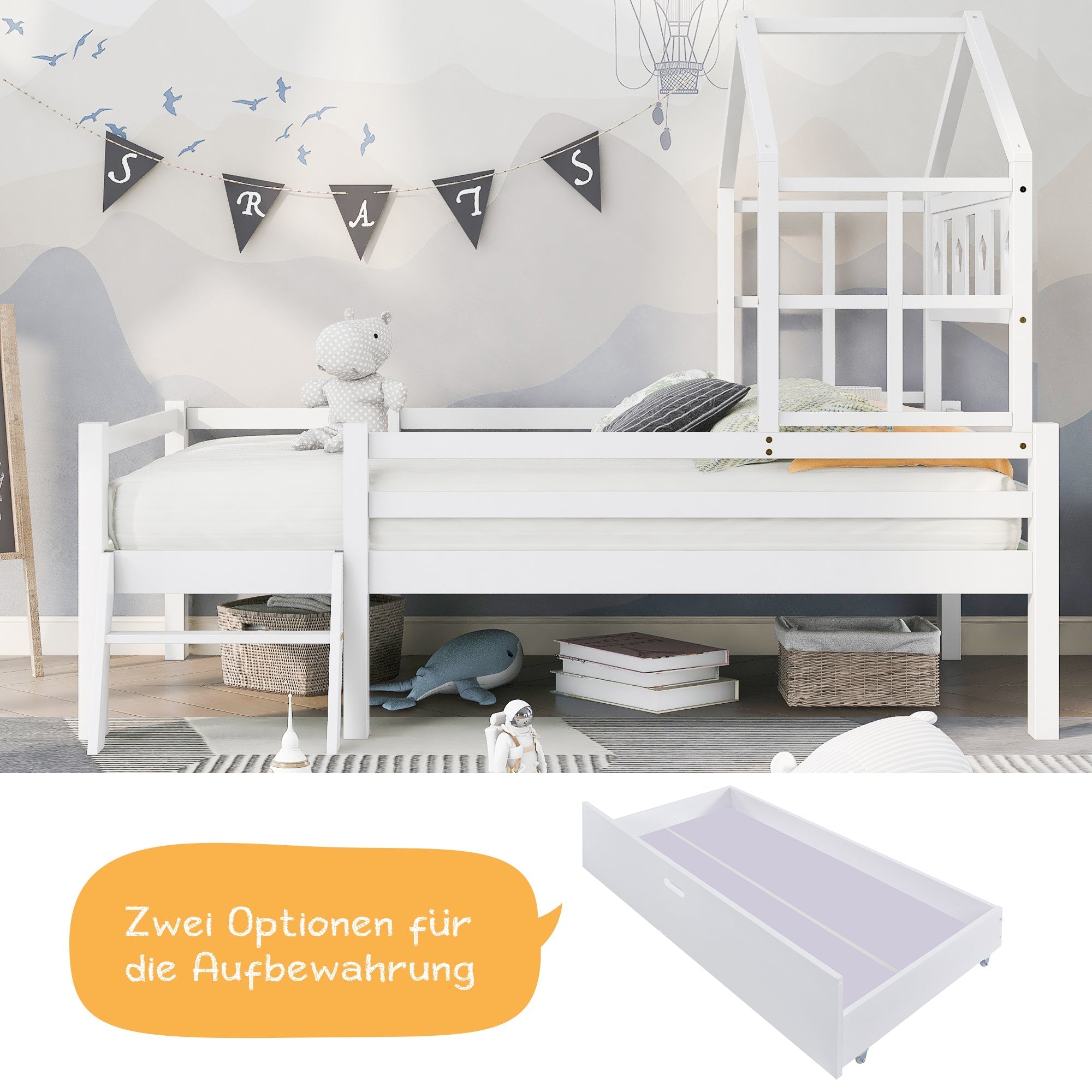 House Bed Children's, Ladder, Drawers, Loft Bed, Fall Protection, Solid Wood, 90x200cm White