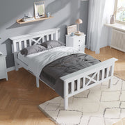 Wooden Bed Single, Bed Frame with Slatted Frame and Headboard, 90 x 200 cm, Solid Pine White
