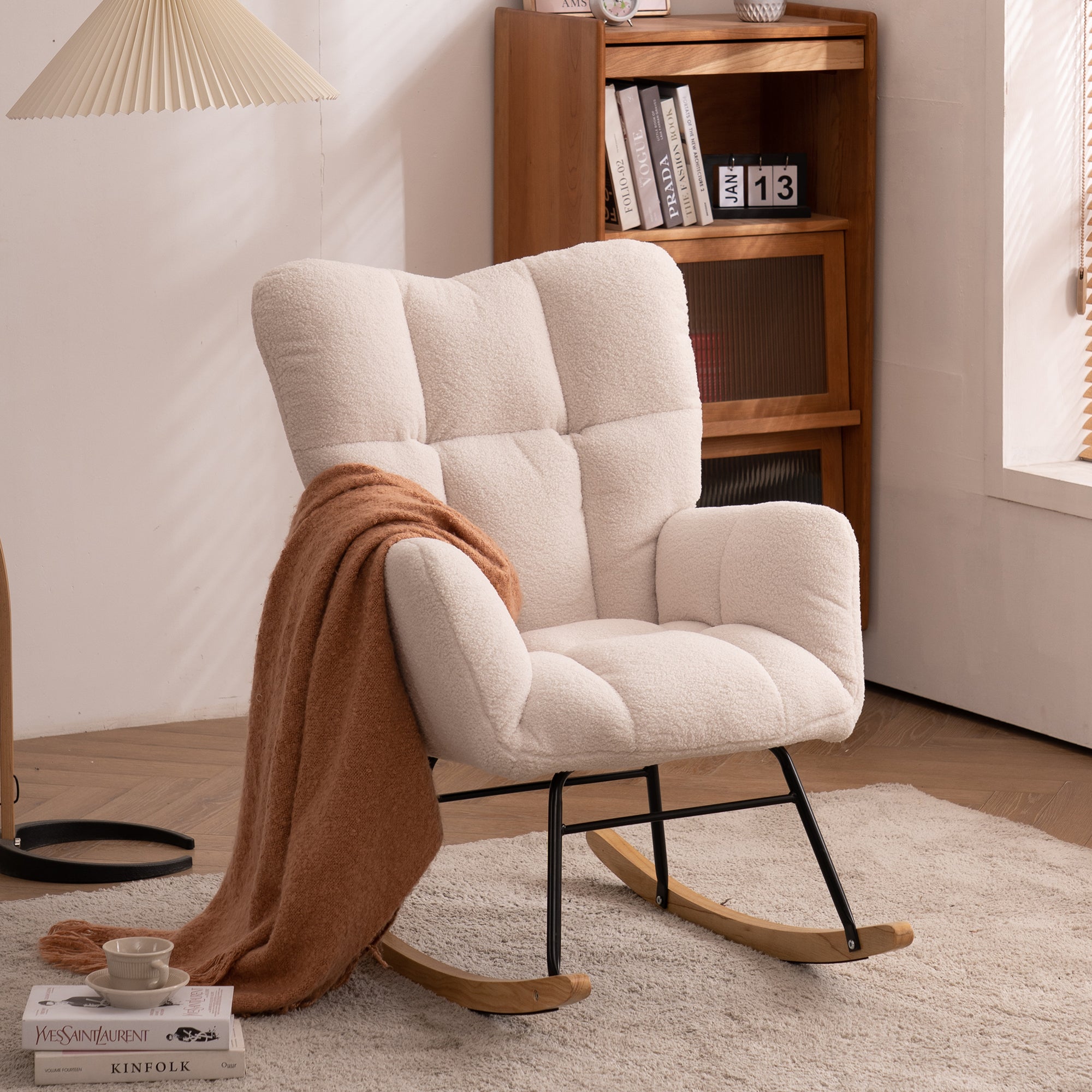 Mid Century Modern Teddy Fabric Tufted Upholstered Rocking Chair, Ivory White
