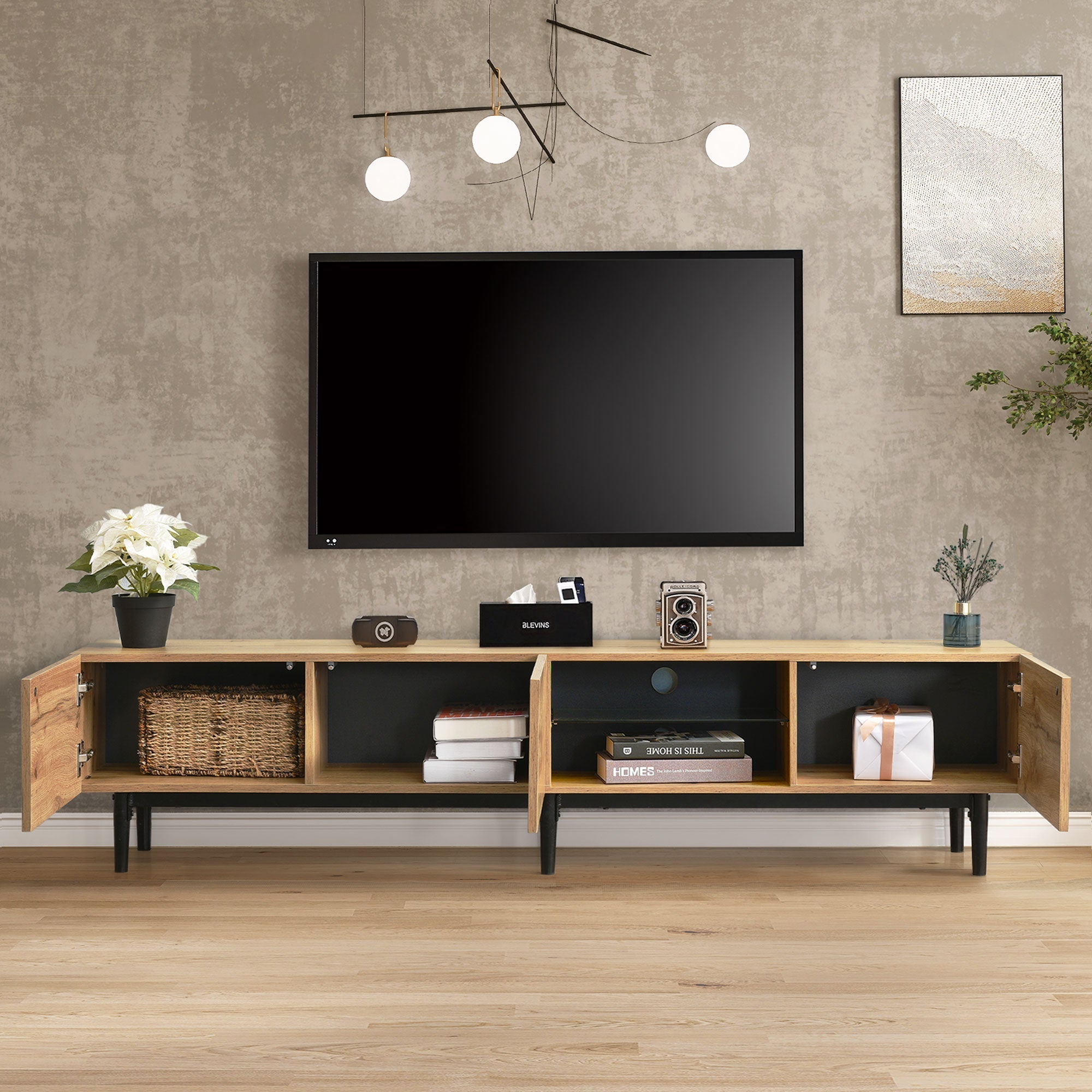 Modern TV Cabinet, Wood Grain with Variable LED Lights
