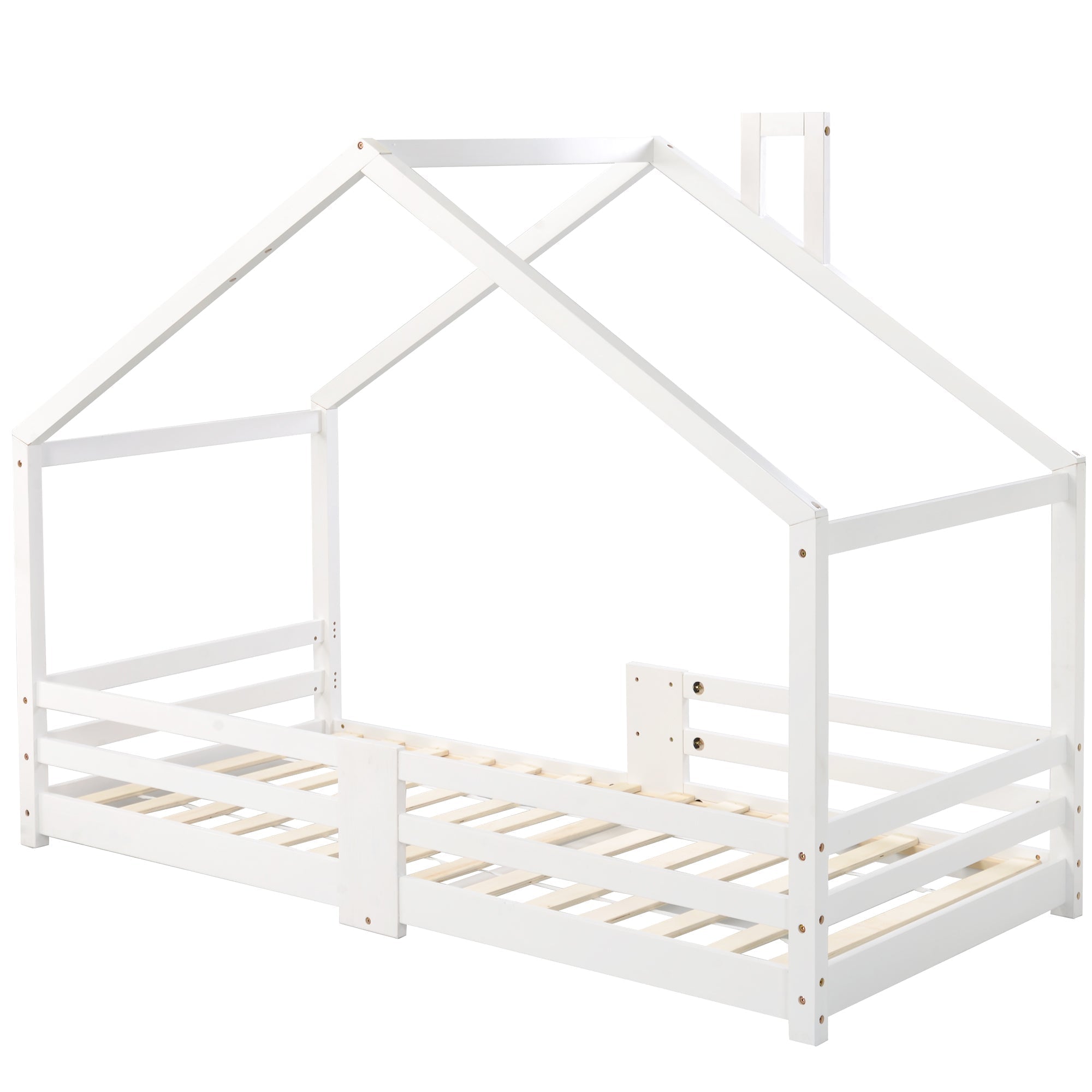 Children's Bed House Bed with Chimney, Fall Protection, Slatted Frames, Pinewood, White
