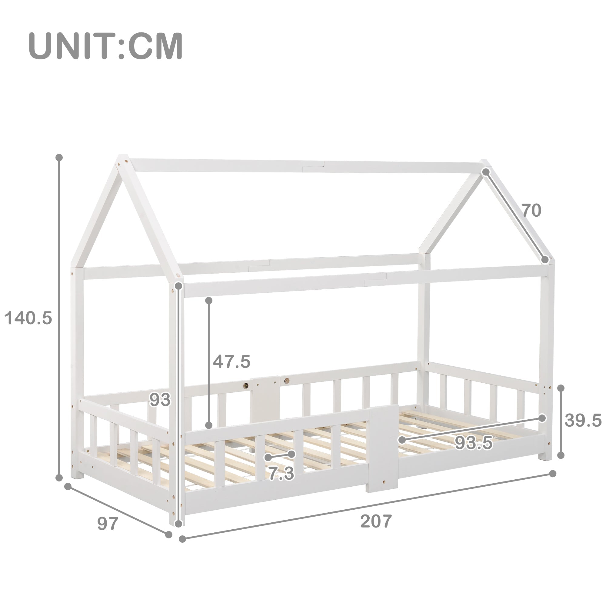 Children's House Bed 90 x 200 cm, with Blackboard & Slatted Frame, White Pinewood